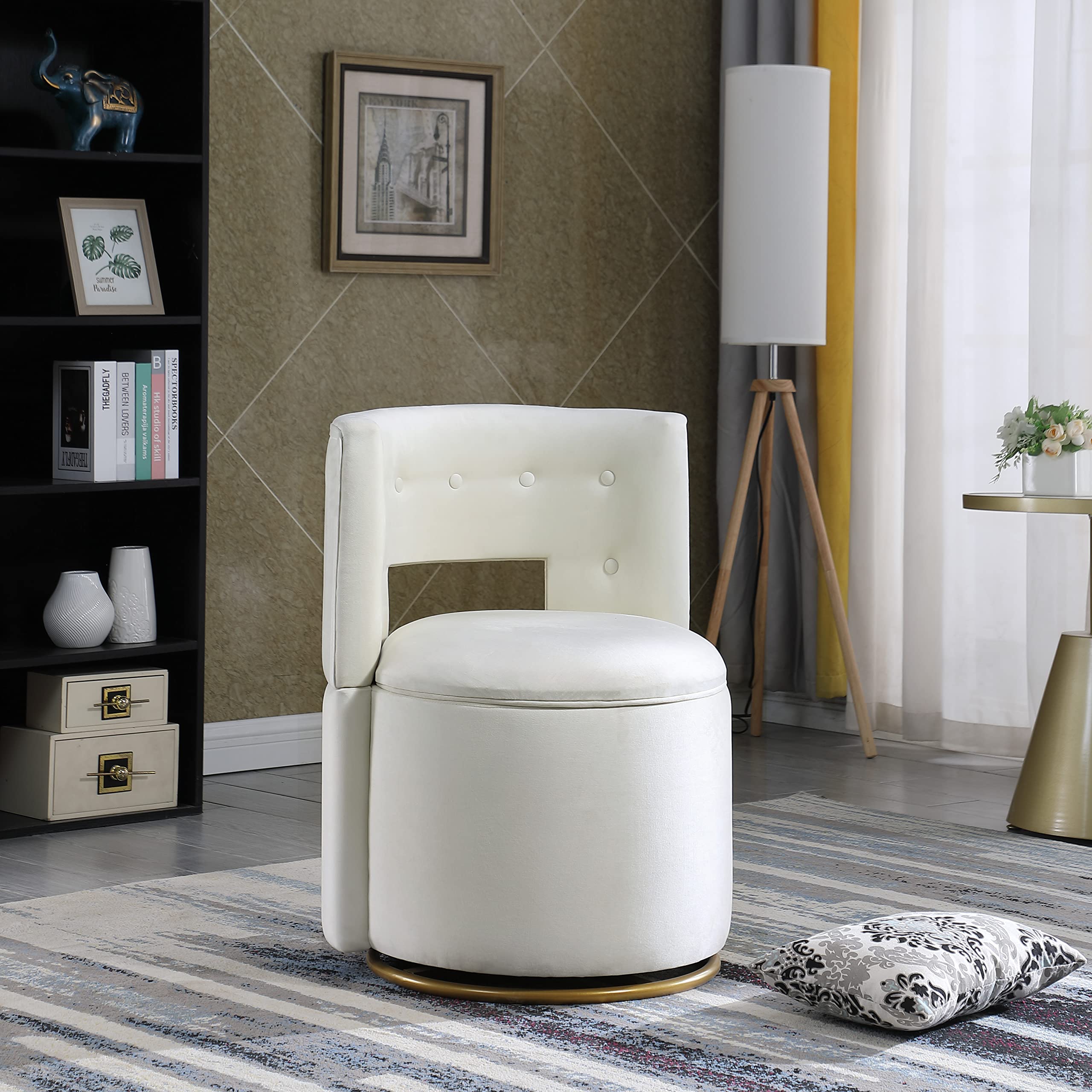 Lifeand Living Room 360° Swivel Accent Storage Function, Pillow, Velvet Curved Chair with Gold Metal Base, 23.23" W, Beige