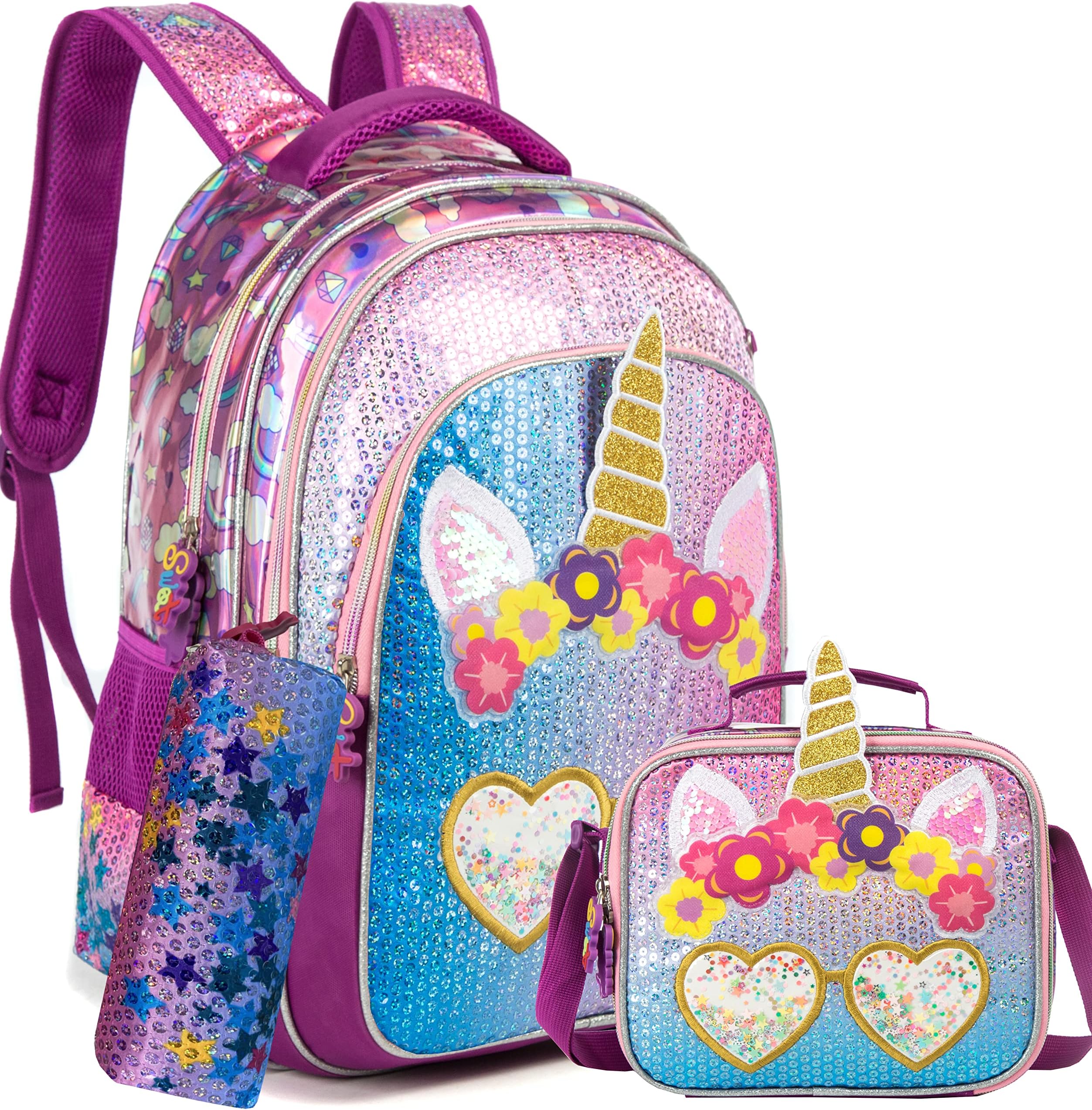 Backpack for Girls 16" Backpacks for Girls for School Sequin Backpack with Lunch Box for Elementary Students