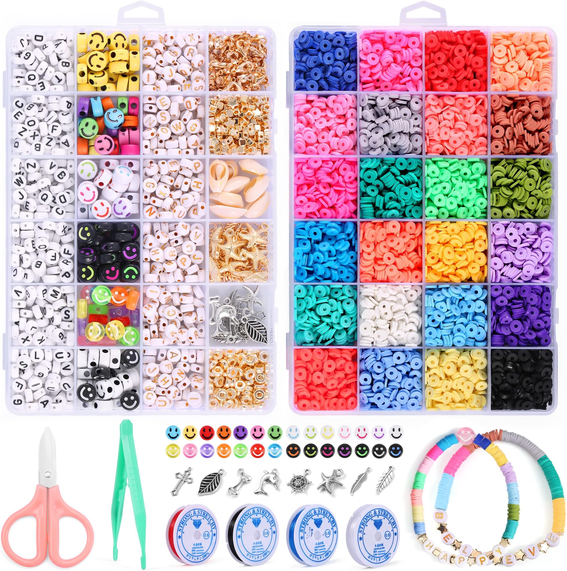7150 Pcs Clay Beads and Smile Letter Beads, Ecbrt 24 Colors 6mm Polymer Clay Beads and Round Spacer Heishi Beads with Pendant Charms and 4 Elastic Strings for Necklace Bracelet Jewelry Making Kit