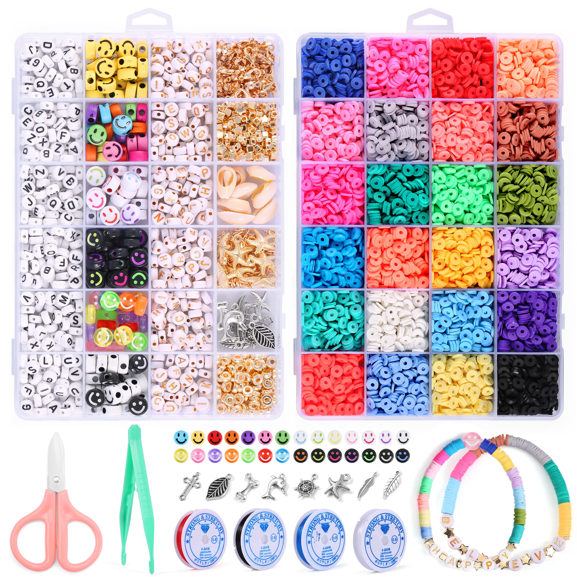 7150 Pcs Clay Beads and Smile Letter Beads, Ecbrt 24 Colors 6mm Polymer Clay Beads and Round Spacer Heishi Beads with Pendant Charms and 4 Elastic Strings for Necklace Bracelet Jewelry Making Kit