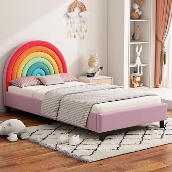 Flieks Rainbow Design Upholstered Twin Platform Bed Cute Style Princess Bed for Boys & Girls, Teens, Colorful & Pink