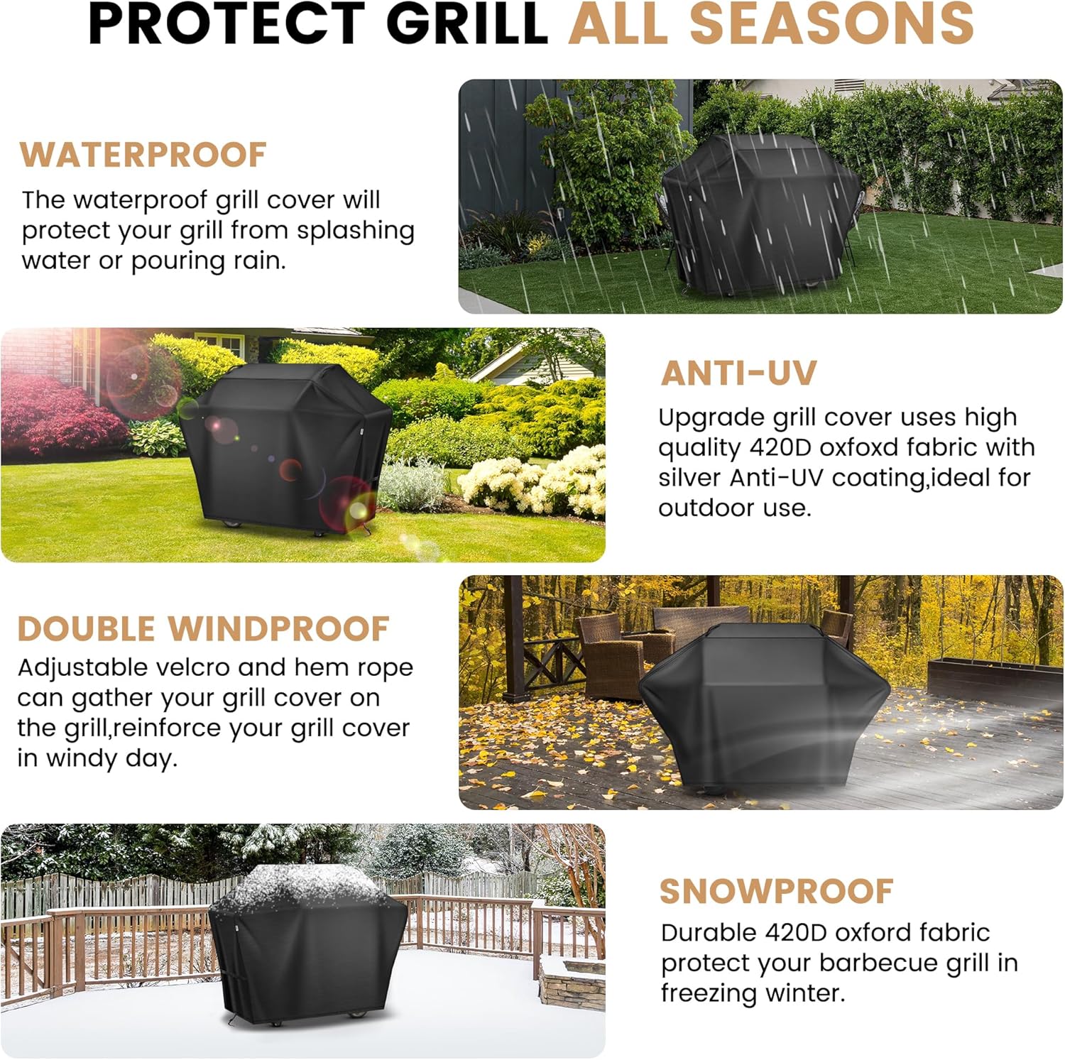 Grill Cover 55 Inch for Outdoor Grill, Waterproof Fade Resistant Anti-UV Weather Resistant Barbeque Grill Cover for Griddle Outdoor, Ideal for Weber Nexgrill Charbroil Gas BBQ, Black - Image 4