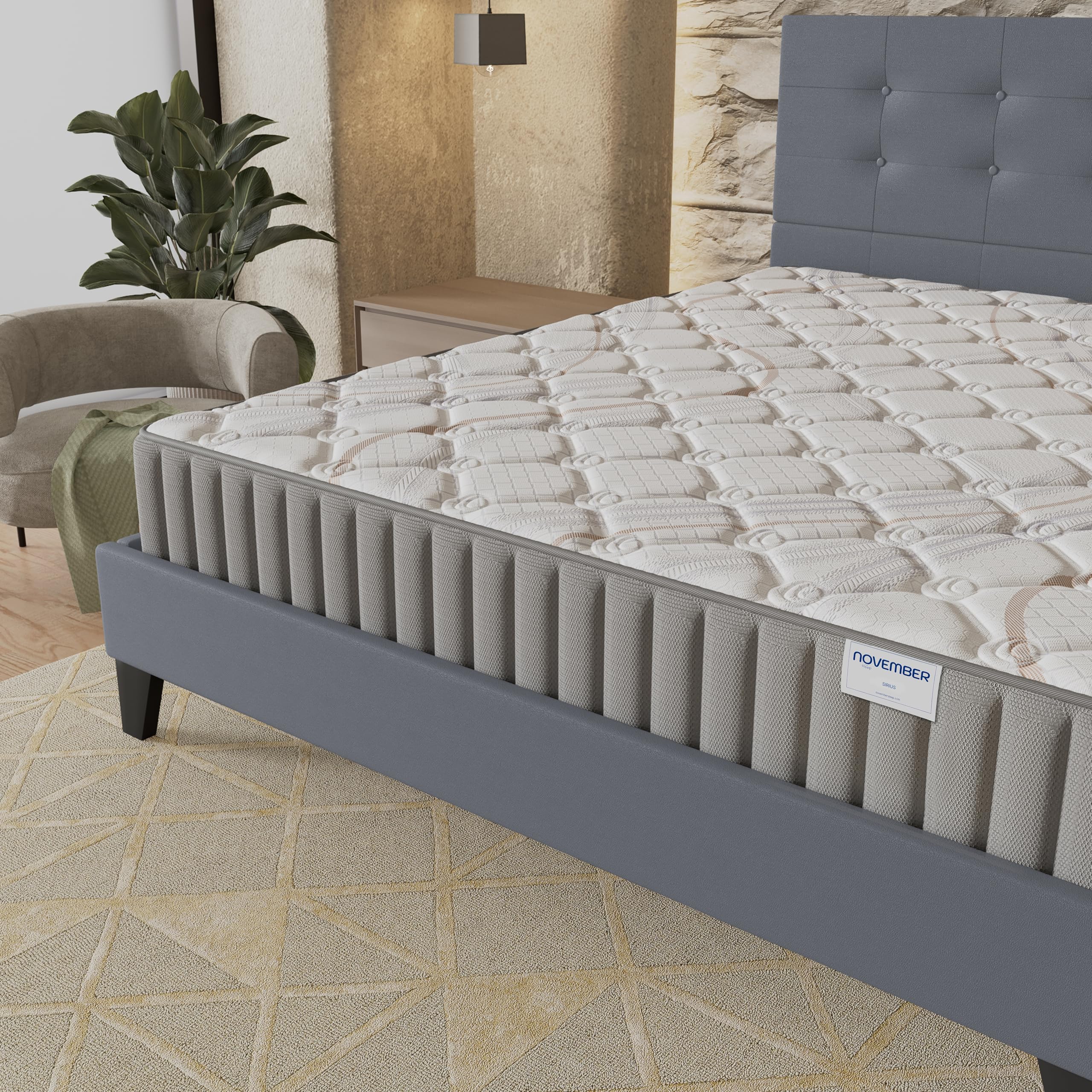 NOVEMBER- Ensemble Matelas + Sommier & tête de lit capitonnée (140 x 200cm) - Matelas Sirius Latex Naturel d’épaisseur 16cm + Lit Stable & Robuste, revêtement synthétique Gris