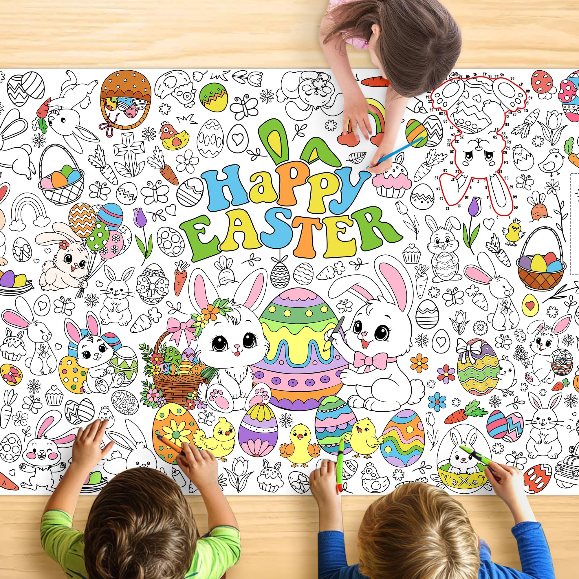 Easter Coloring Tablecloth for Kids, Large 30x72 Inch Poster with Bunnies, Eggs, Flowers, Perfect for Easter Party Games, Classroom Decorations, Spring Activities, and Holiday Supplies