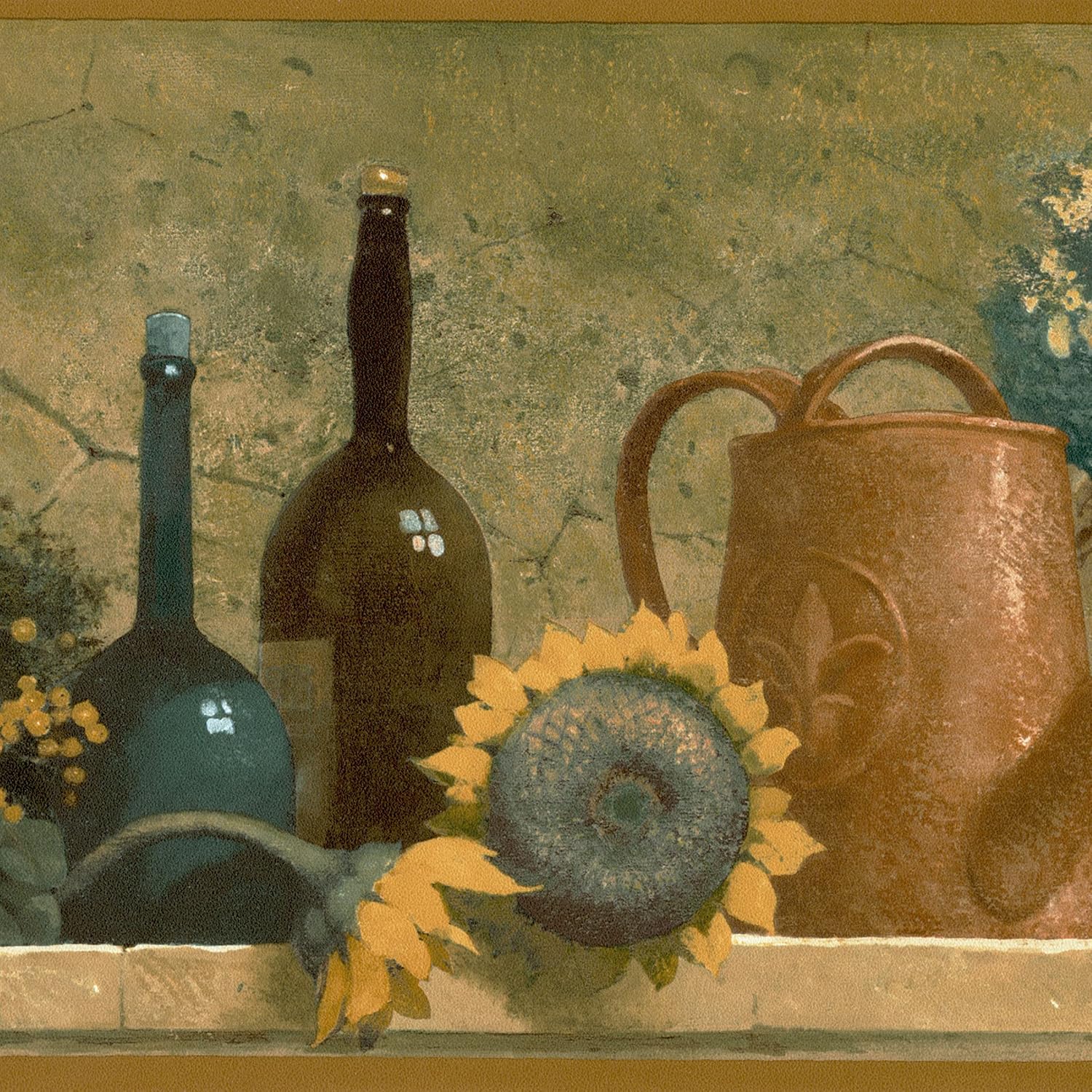 CONCORD WALLCOVERINGS ™ Wallpaper Border Vintage Pattern Fruit Basket Bouquet Flowers Wine Bottles for Cottage Kitchen Dining Room, Beige Green Yellow, 15 ft by 9 in TK78269