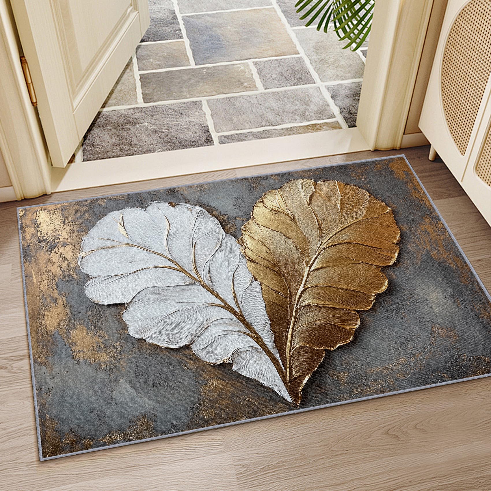 3D Effekt Teppich Waschbar, Modern Luxus Blatt Teppich 80x150 cm, Herzn Kunst rutschfest Waschbar Pflegeleicht Teppiche Für Schlafzimmer Küche, Grau Weiß Gold