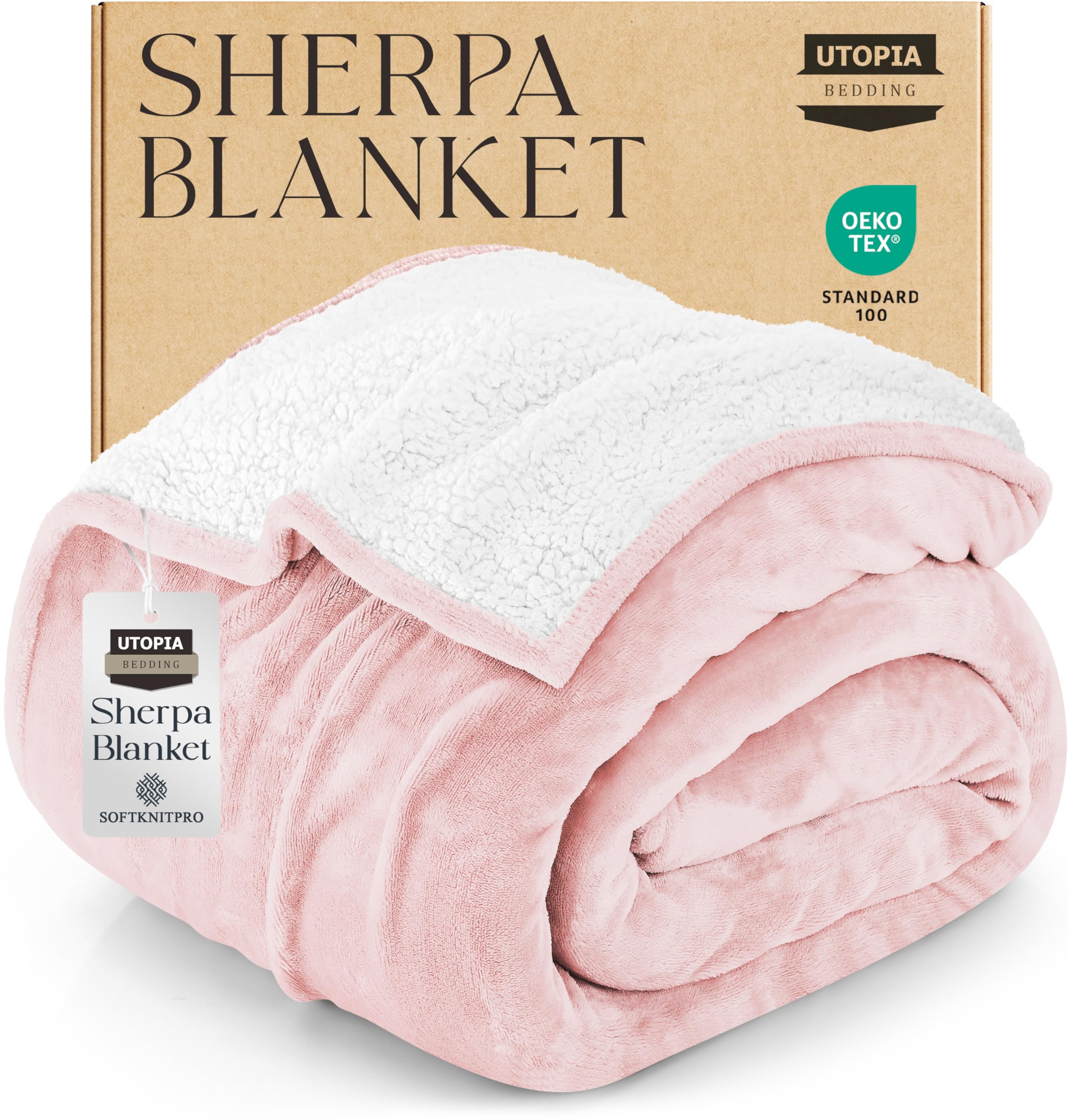 Utopia Bedding Sherpa Blanket Queen Size (Pink, 90x90 Inches) - Soft Lightweight Plush Fleece Reversible Blanket for Bed, Sofa, Couch, Camping and Travel