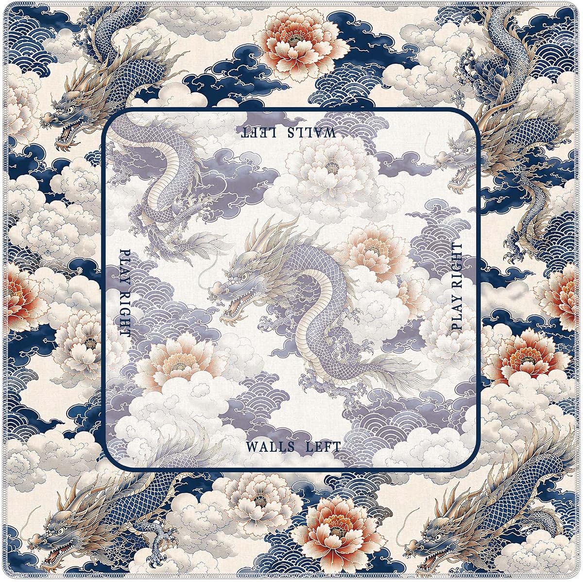Blue and White Chinese Dragon Mahjong Mat 31.5 x 31.5 Inch | Traditional Oriental Chinoiserie Peony Dragon Non-Slip Noise Reducing Mahjong Mat for Card Games and Dominoes