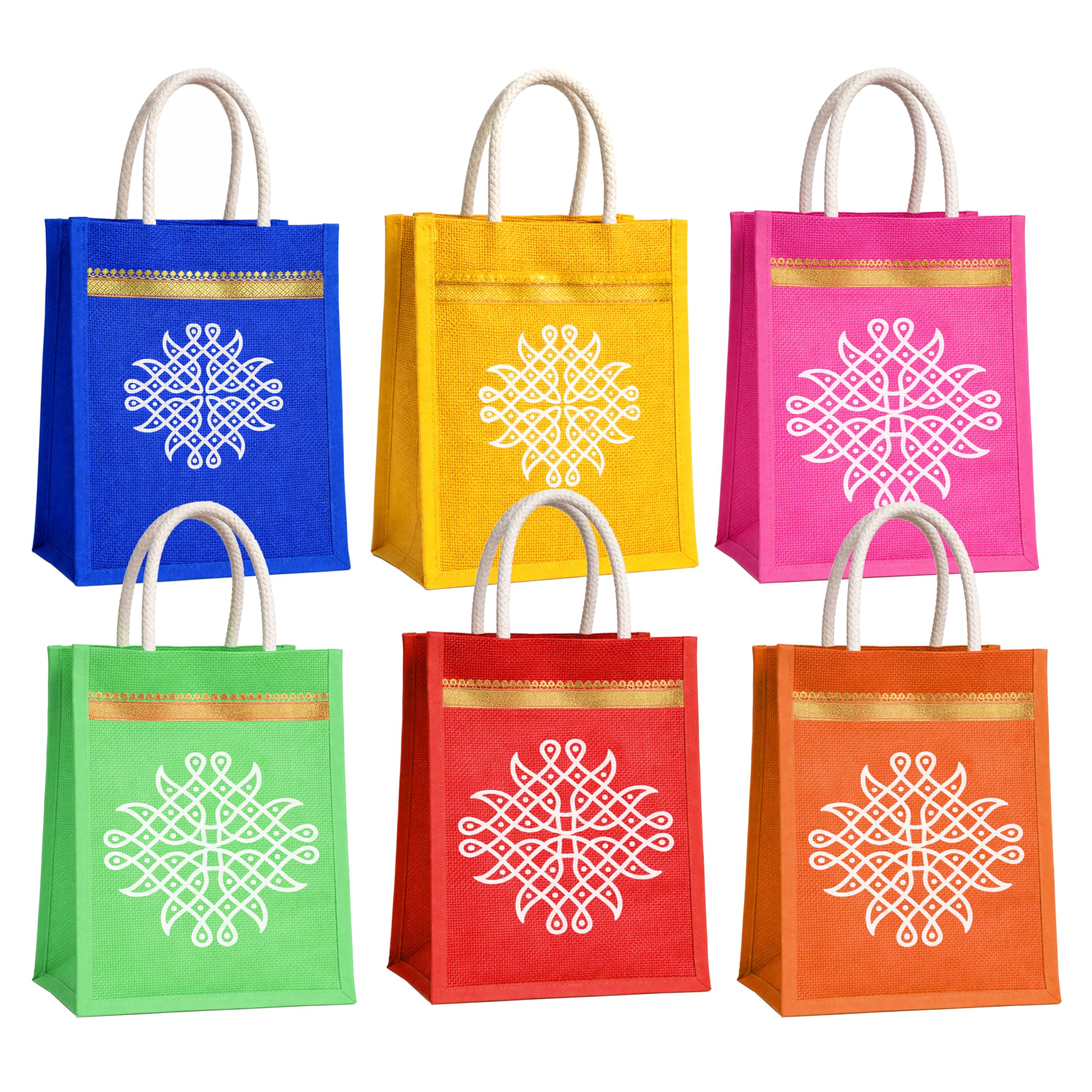 Match Made Jute Bags with Kolam Print Gift Bags with Handle| Reusable Return Gift Bags for Wedding,Pooja & Festivals| Eco Friendly Shopping & Thamboolam Bags|Side cloth Non Woven Fabric Multicolor(6)