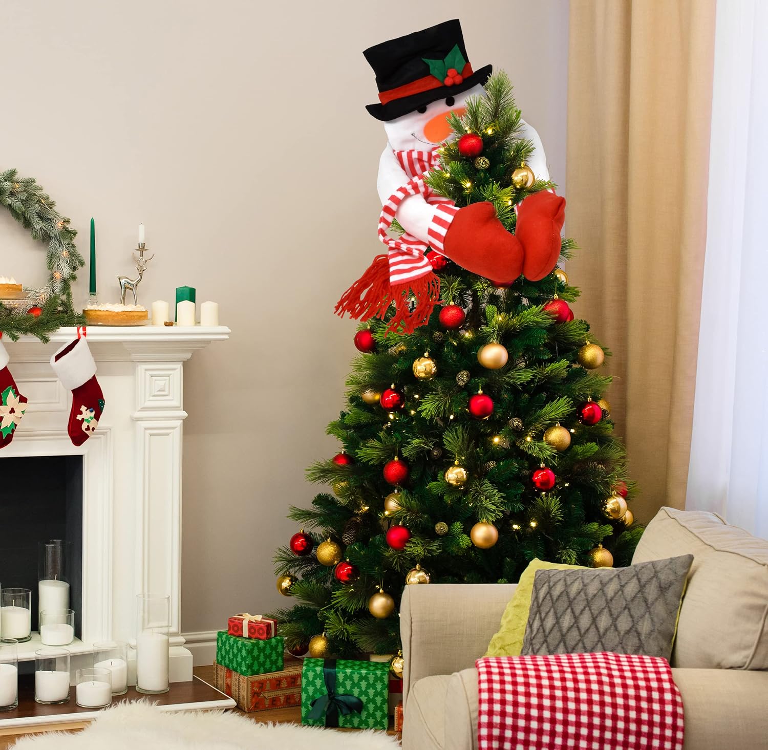 Christmas Tree Topper Snowman Hugger with Hat Shawl and Pose able Arms Holiday Decorations Winter Wonderland Decoration Xmas Party Supplies