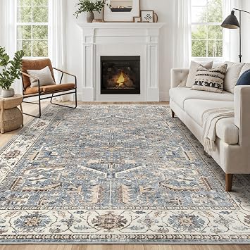 8x10 Area Rugs for Living Room - Washable Soft Large Vintage Rug Non-Slip Stain Resistant Traditional Stain Resistant Indoor Floor Low Pile Carpet for Bedroom Dining Room or Home Office - Blue Multi