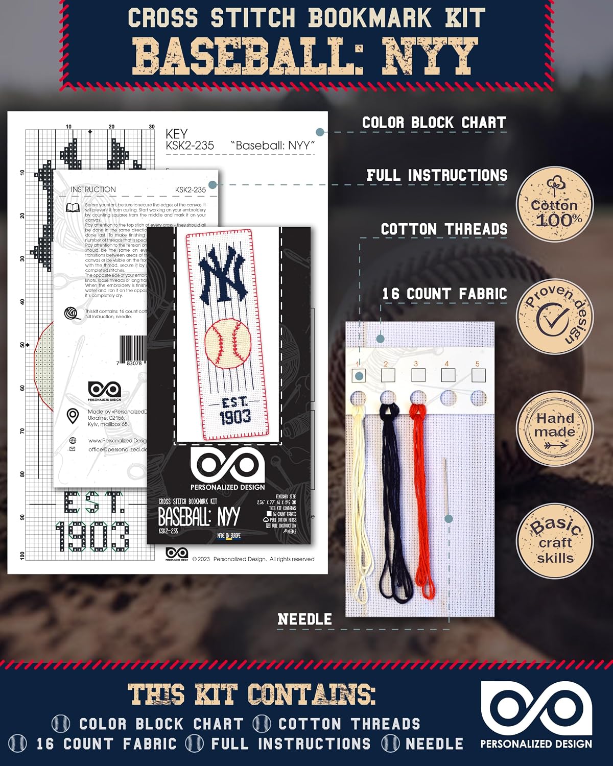 Counted Cross Stitch Kit 'Baseball: NYY' - Hand Embroidery Bookmark with New York NY Design Pattern