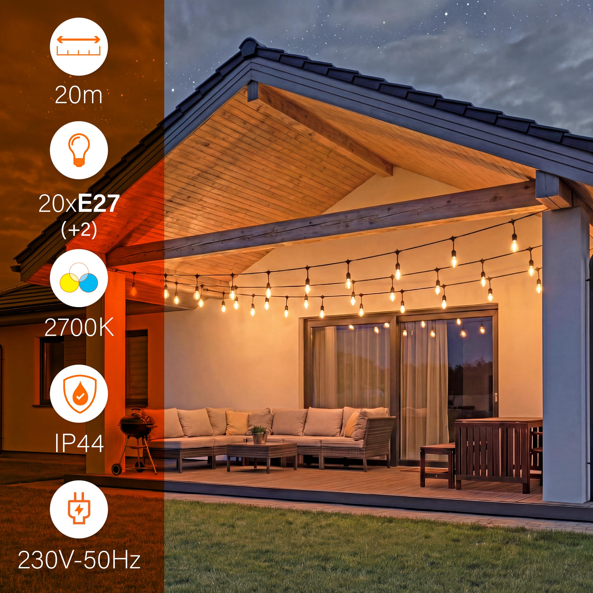 Lichterkette Außen Outdoor LED Strom,20M Außenbeleuchtung mit Stecker, 20 Glühbirnen, IP65 Wasserdicht Wetterfest Lichterkette Glühbirnen für Garten Terrasse Party Weihnachten, Warmweiß,2 Ersatzbirnen