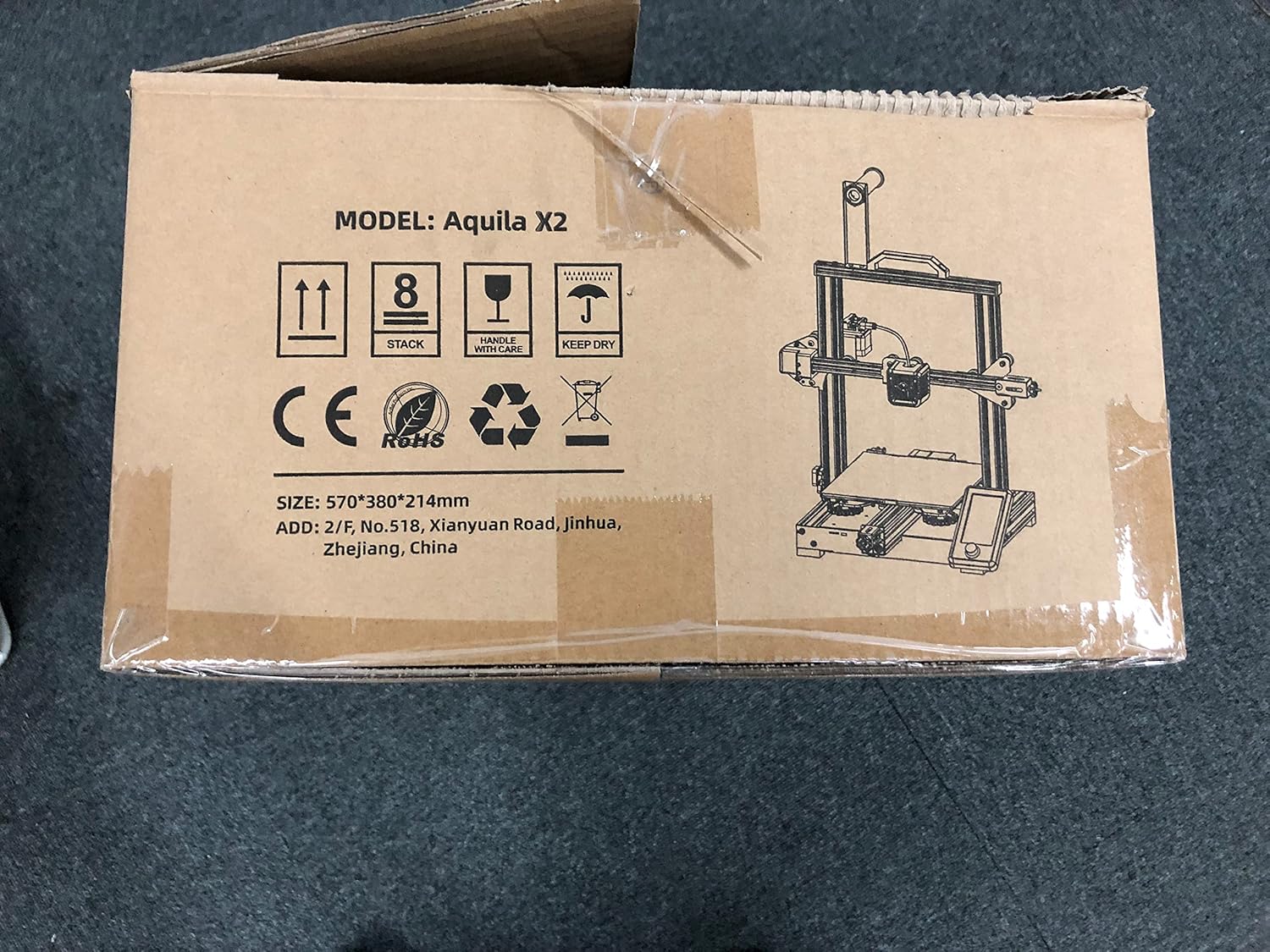 Packaging box for the Voxelab Aquila X2 3D printer.
