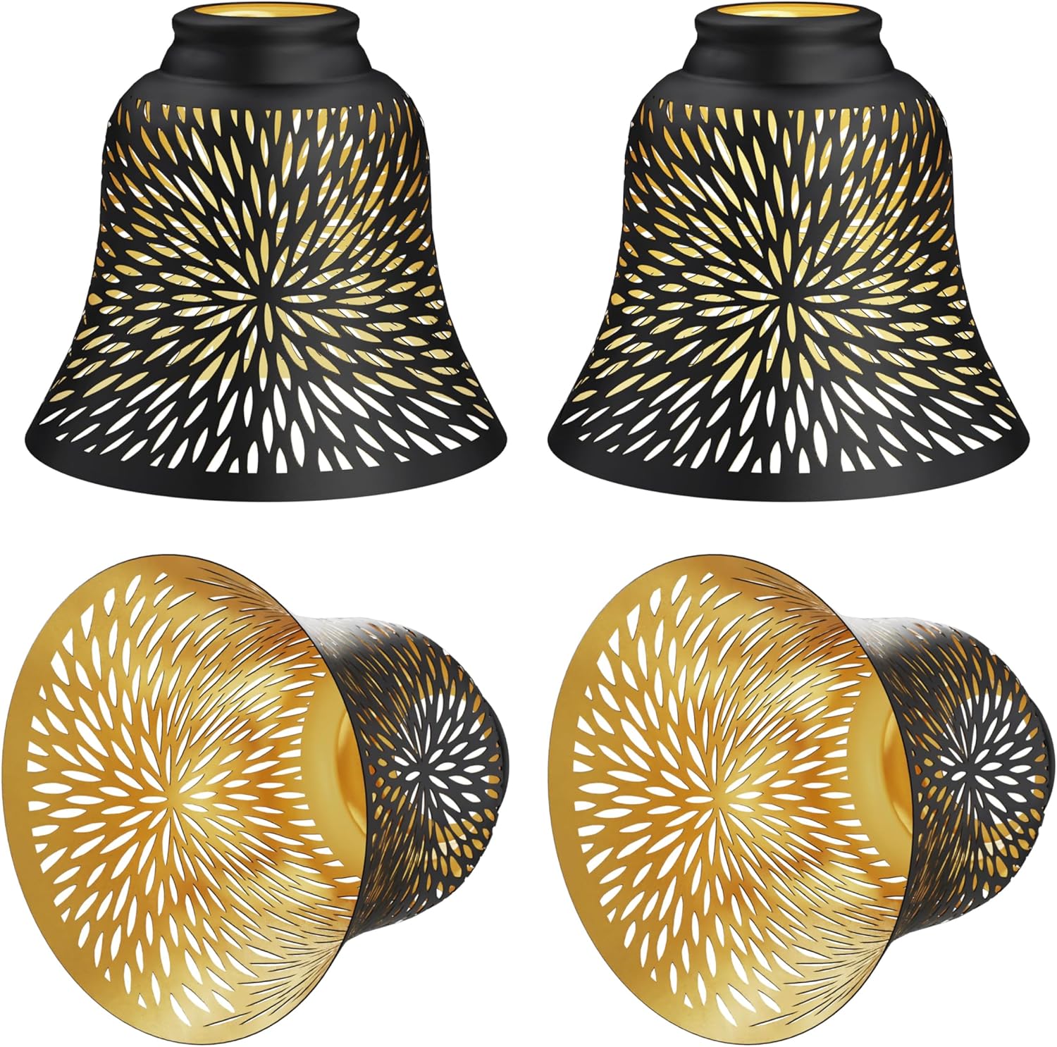 Lampshade 4 Pack, ALUCSET Pendant Light Shades, Ceiling Fan Replacements Light Shade with 2.28" Fitter, 5.12" High 6" Diameter,Metal Daisy Etched Light Covers for Chandelier,Wall Sconces,Black Gold