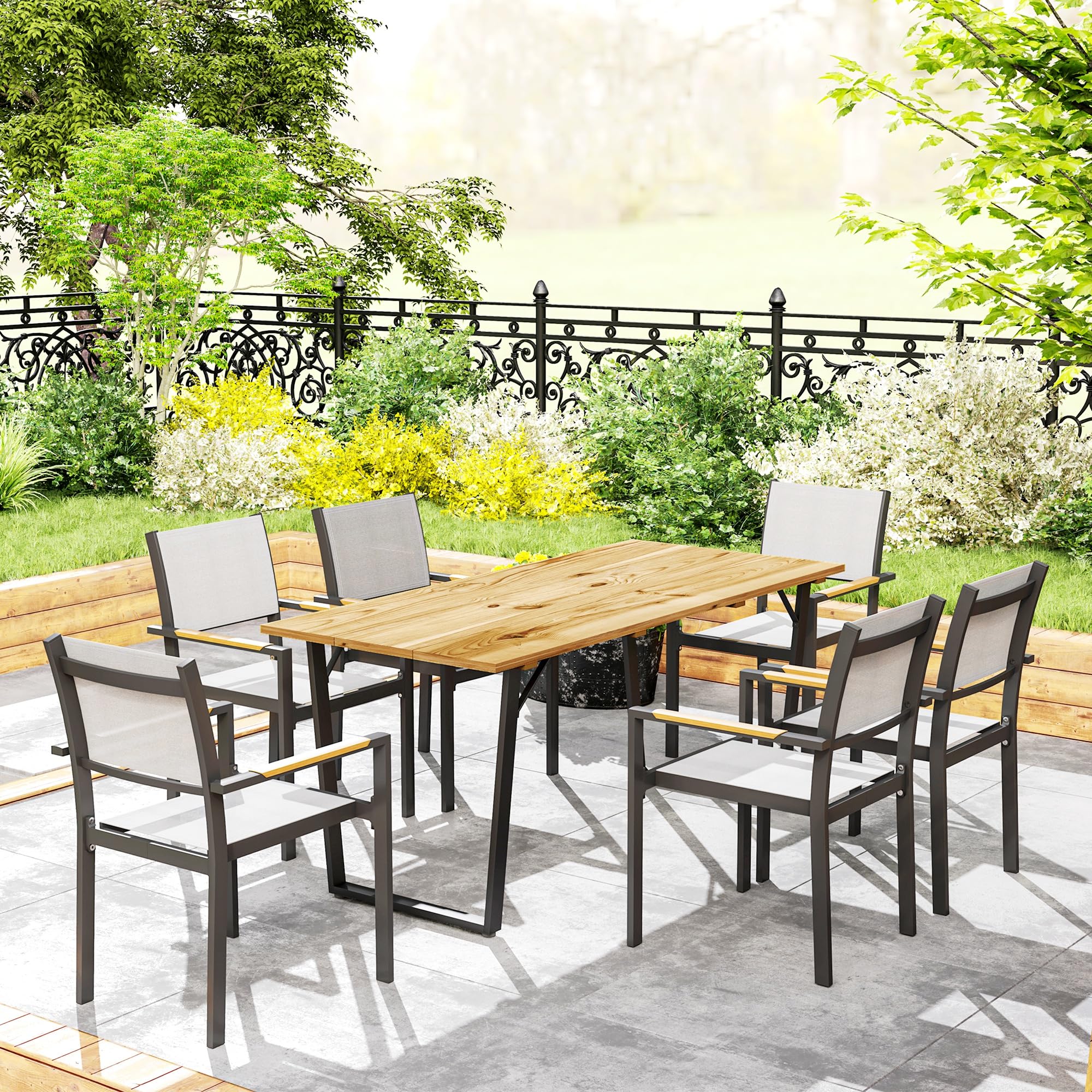 Outsunny Tavolo da Giardino per 6 Persone con Foro per Ombrellone, Tavola da Pranzo Rettangolare in Legno e Acciaio, Per Patio, Terrazzo, Balcone ed Esterno, 175x80x75 cm, Marrone