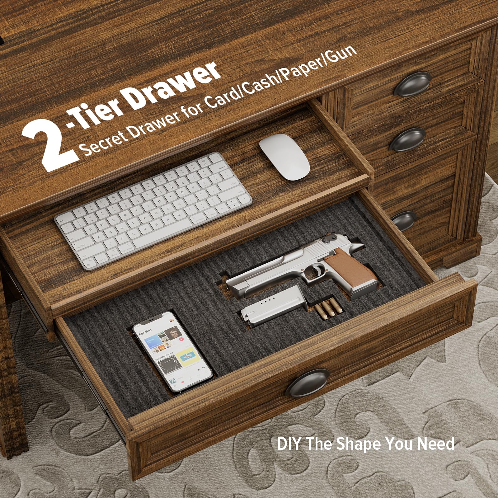 Lareth Computer Desk with Monitor Stand, Farmhouse Home Office Desk with LED Lights Power Outlets, 47 inch Wooden Workstation with Storage File Cabinet for Gaming Studying Working, Walnut: Natural