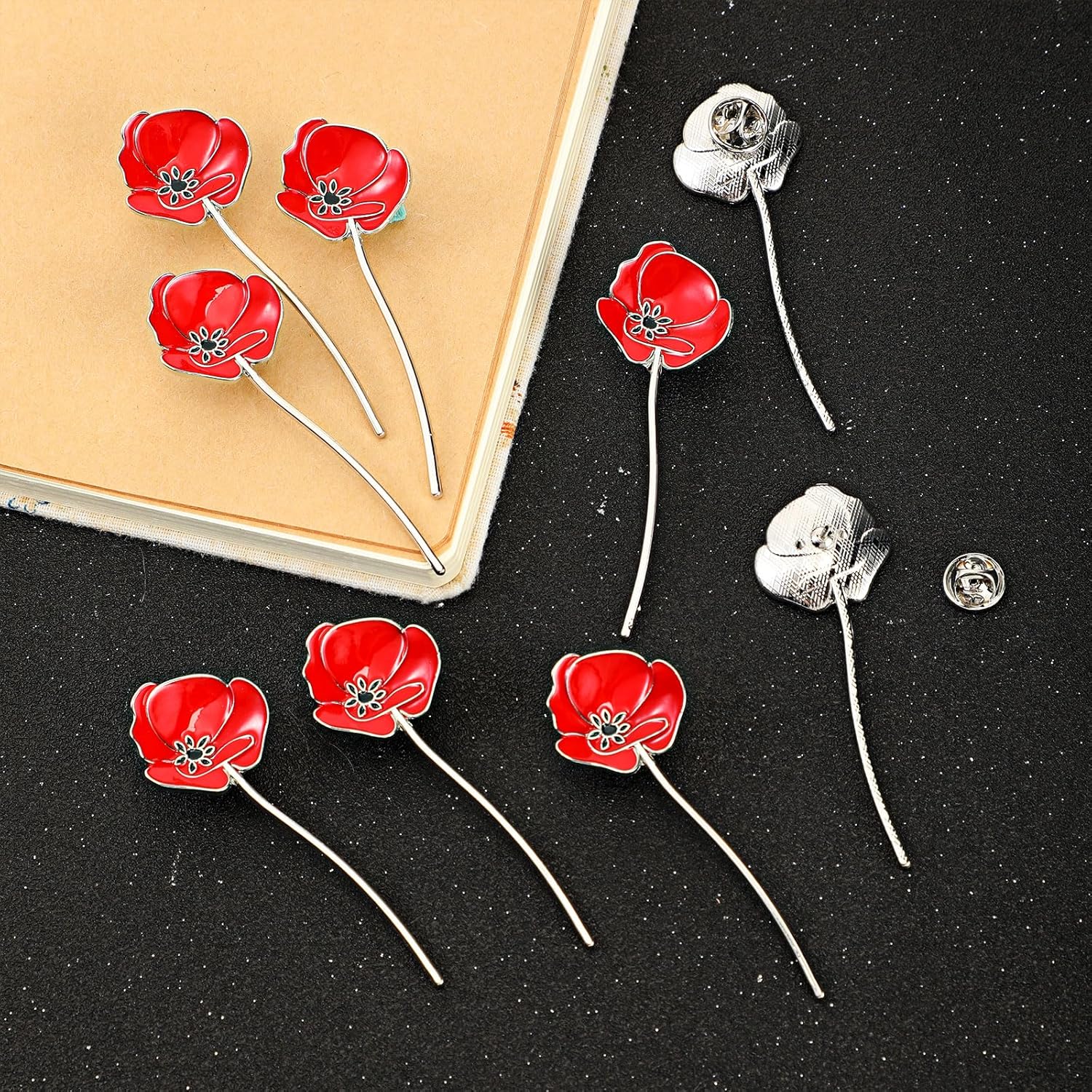 Lyrow Memorial Day Gifts Red Poppy Lapel Pins Poppy Flower Brooches Patriotic Enamel Pins with Cards for Clothes Bags Hats