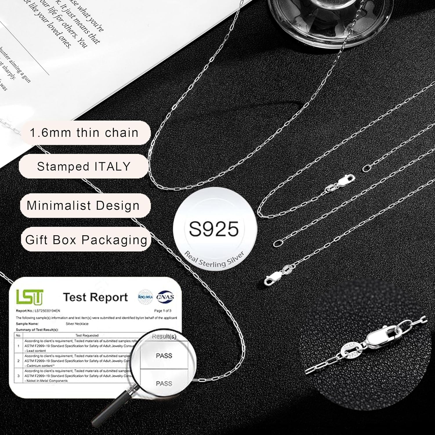 Christmas Gifts S925 Sterling Silver Paperclip Necklace for Women -1.6mm Simple Silver Choker Necklaces Sterling Silver Chain for Women Minimalist Waterproof Link Necklace Trendy Jewelry Gifts - Image 6