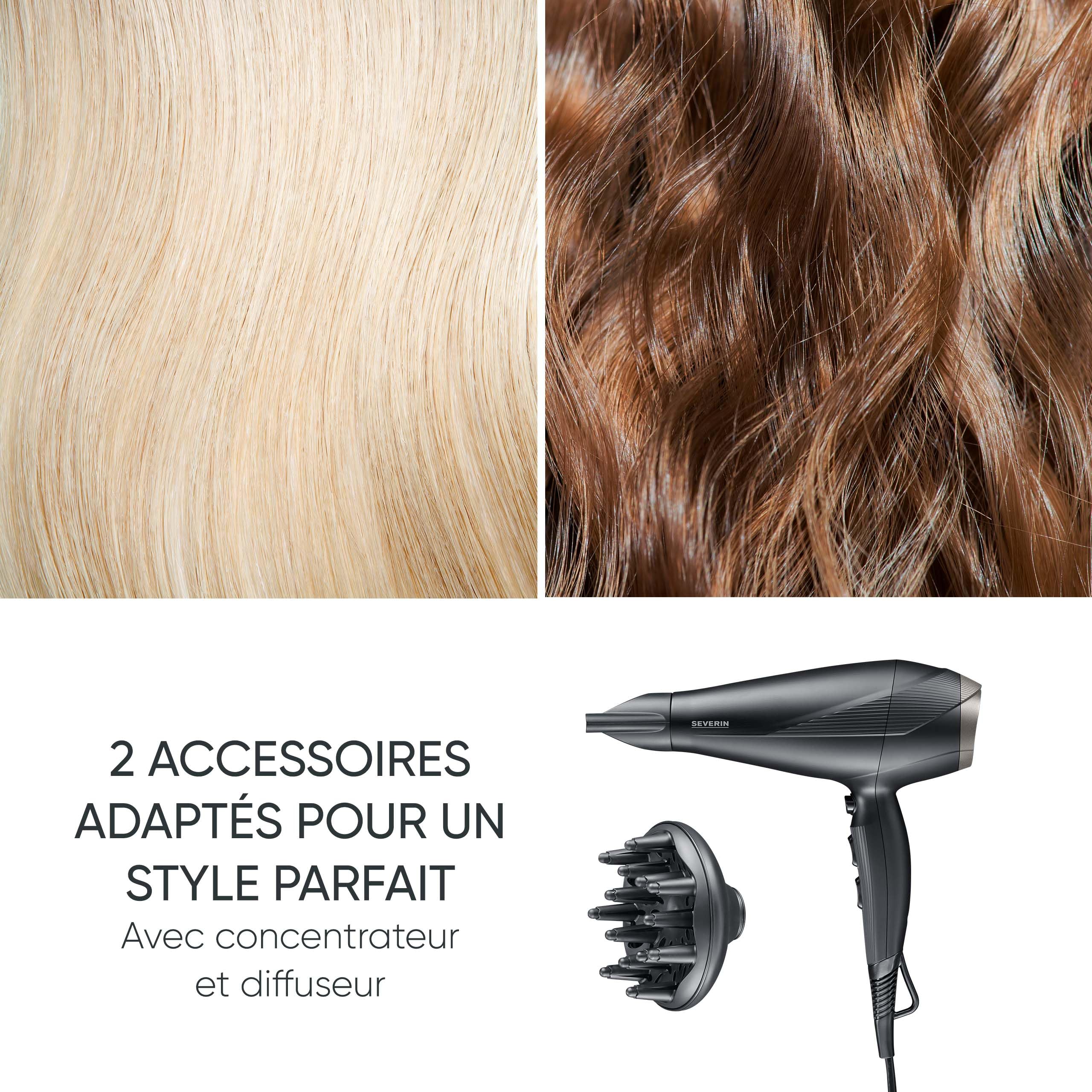 SEVERIN Seche cheveux performant avec moteur AC et technologie ionique, Sèche cheveux avec diffuseur et concentrateur amovibles, sèche-cheveux puissant 2 300 W, Noir, HT 0167
