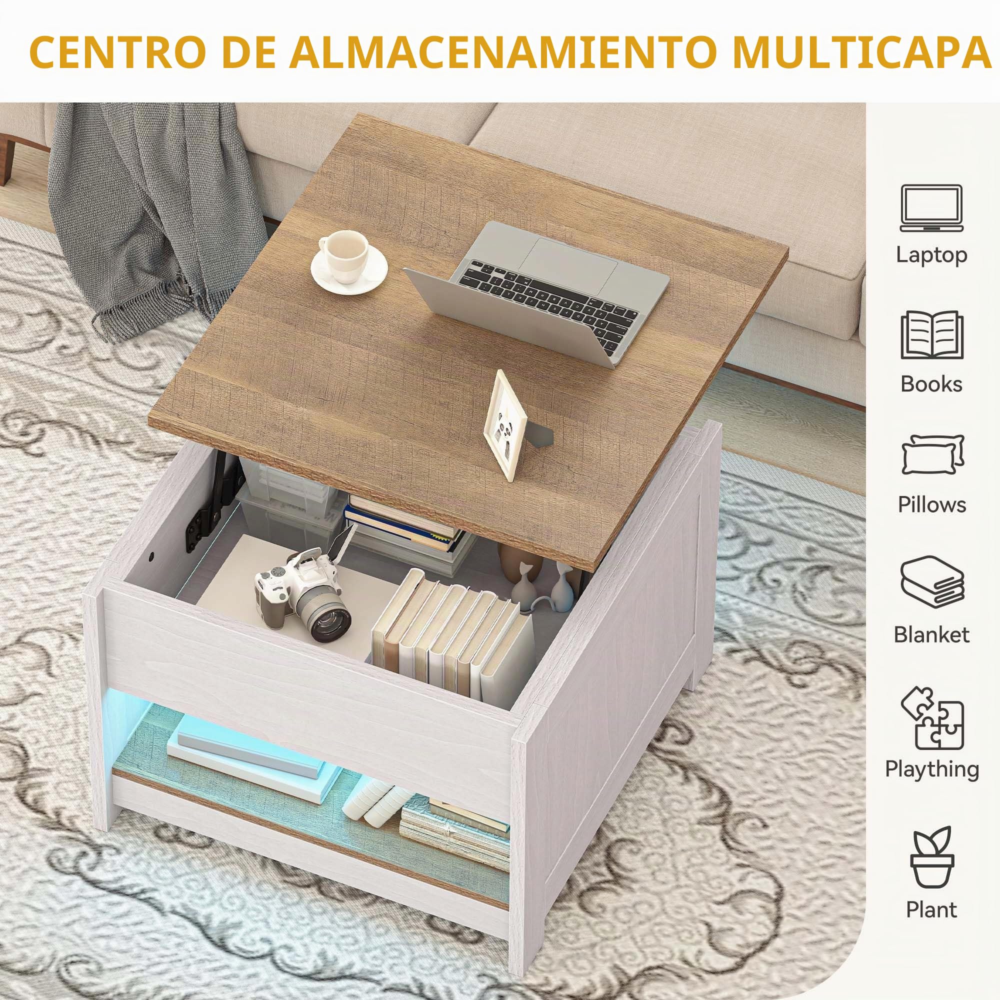 DWVO Mesa de Centro con Tablero Elevable e Iluminación LED, Mesa de Salón Cuadrada Moderna con Compartimento Oculto y Estante Abierto, 60 x 60 x 45 cm