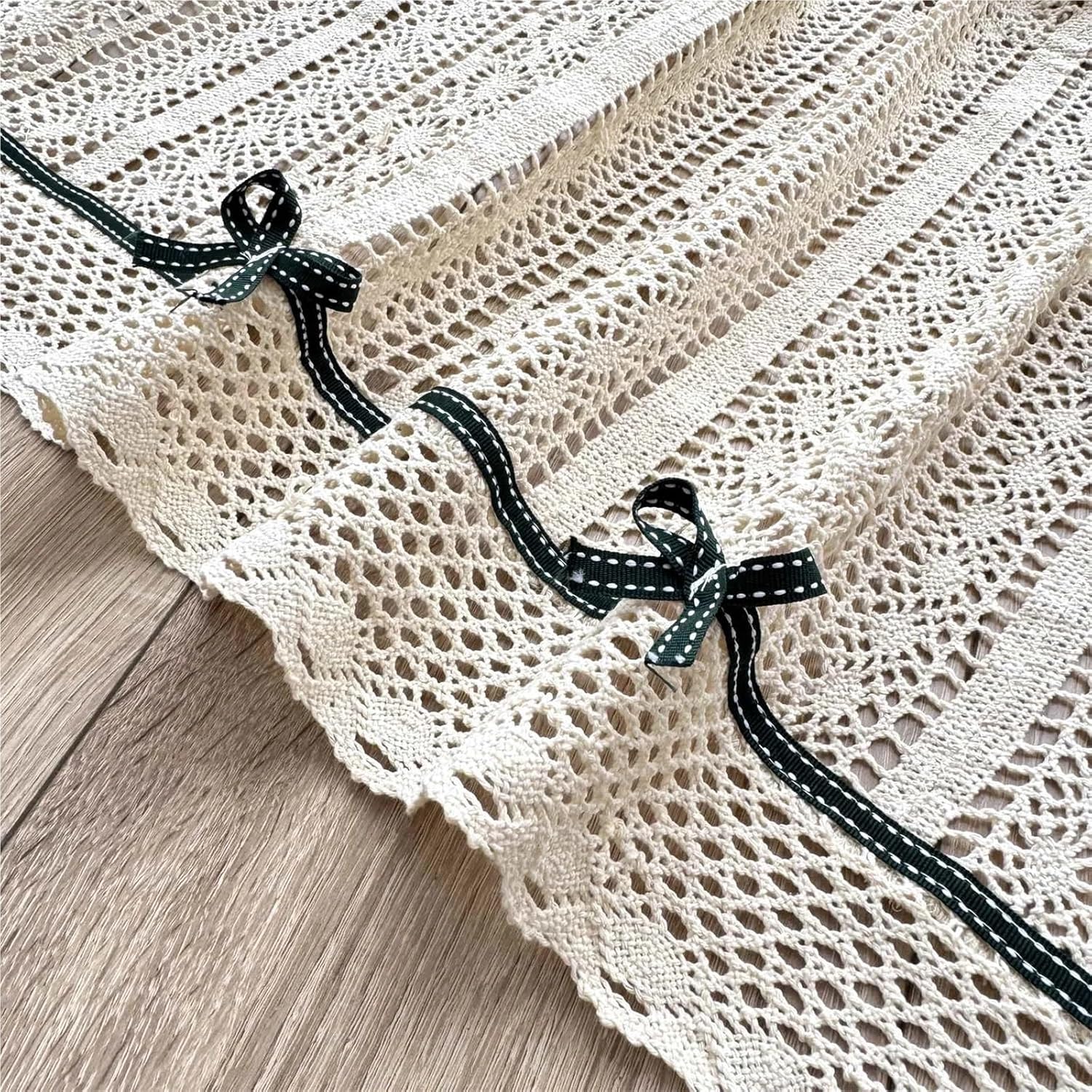 Rustic Crochet Short Curtain Valance with Dark Green Bow for Farmhouse Kitchen and Cafe Decor(1 Panel W150xH45cm)