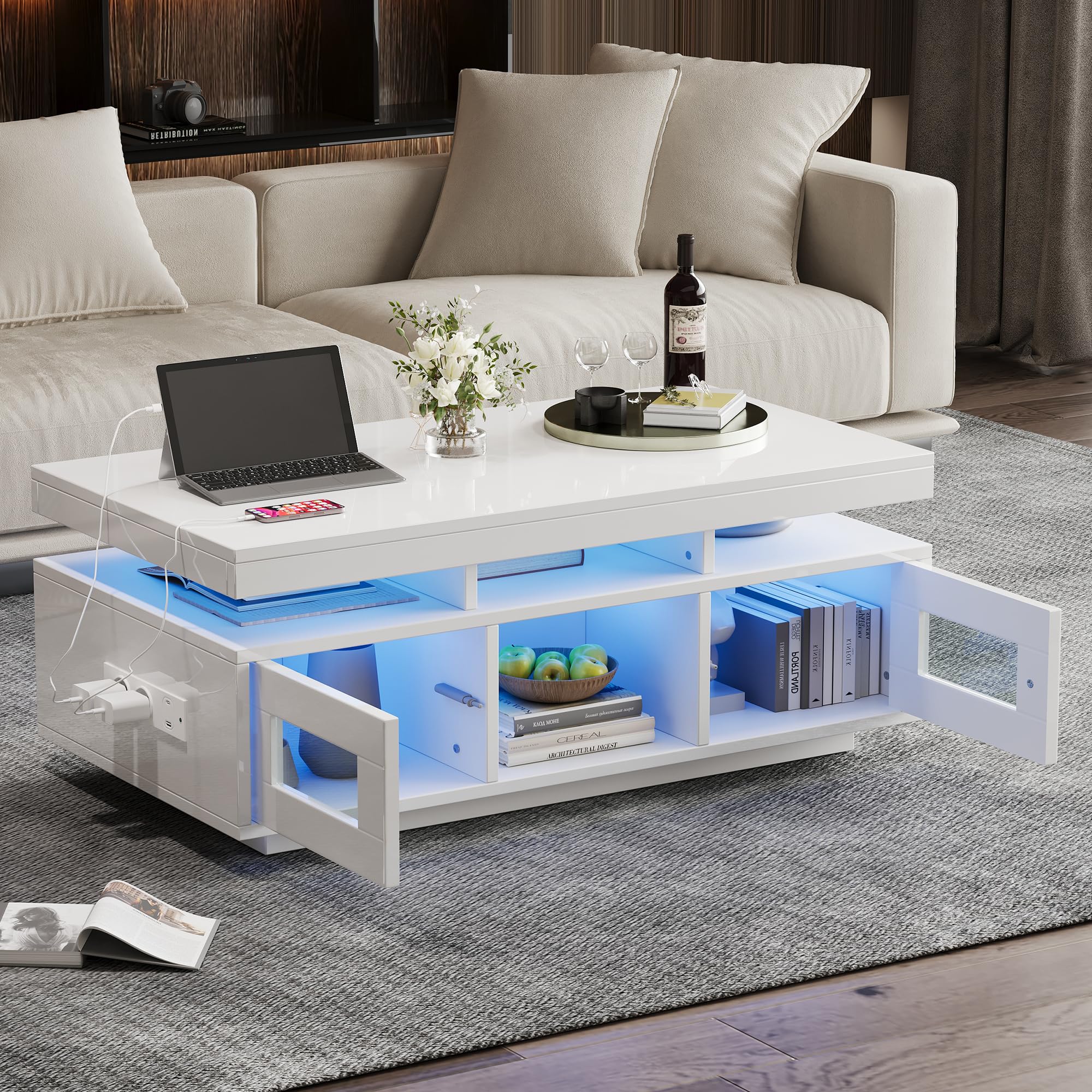 Merax Couchtisch Weiß, Wohnzimmertisch Hochglanz mit LED Beleuchtung, Beistelltisch Kaffeetisch mit Schrank & Offene Staufächer, Sofatisch mit Ladeanschluss, Rechteckiger Mitteltisch, 100×50×43cm
