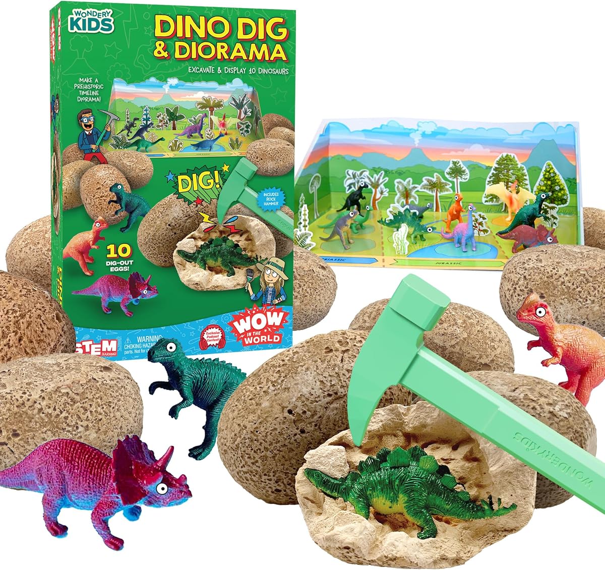 Wow in the World Dino DIG & Diorama | 10 Dig-Out Plaster Dinosaur Eggs, Prehistoric DIY Diorama, Companion Audio Content, Bonus Reusable Science Tool, STEM Toy for Kids 4+ by Thames & Kosmos
