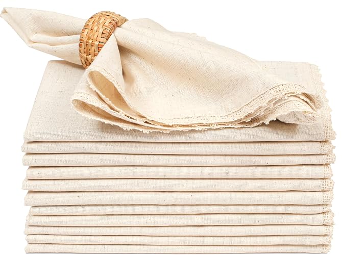 Lightnpro Cloth Dinner Napkins in Cotton Flax Fabric with Lace & Tailored Mitered Corners – 18x18 Inch Set of 12, Wedding, Baby Shower & Cocktail Napkin, Machine Washable Fabric Napkins Natural Color