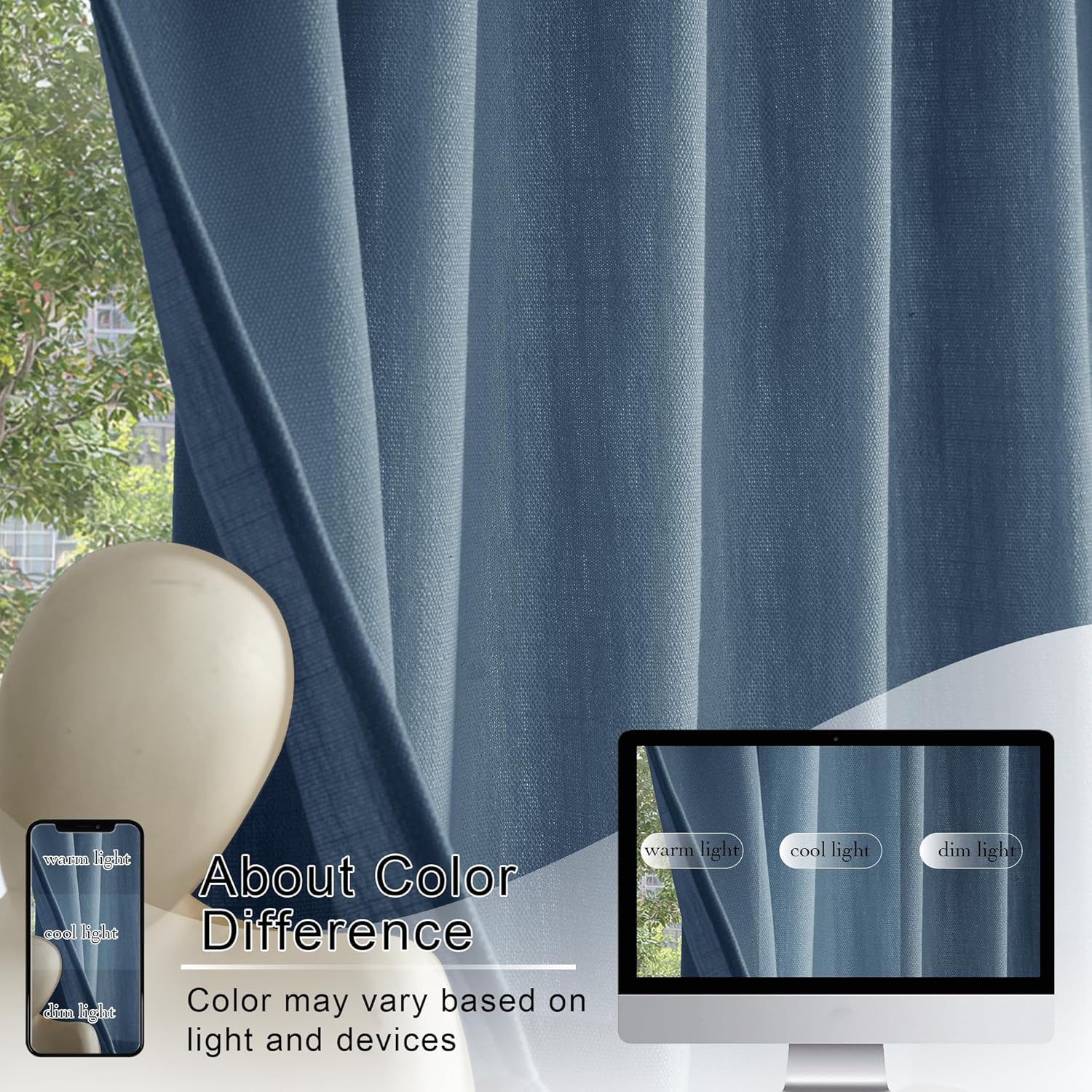 RYB HOME Short Kitchen Valances Faux Linen Blended Light Filtering Privacy Protect Small Window Treatment for Living Room Bathroom, Rod Pocket, Stone Blue, 2 Panels, W 36 x L 36 inch