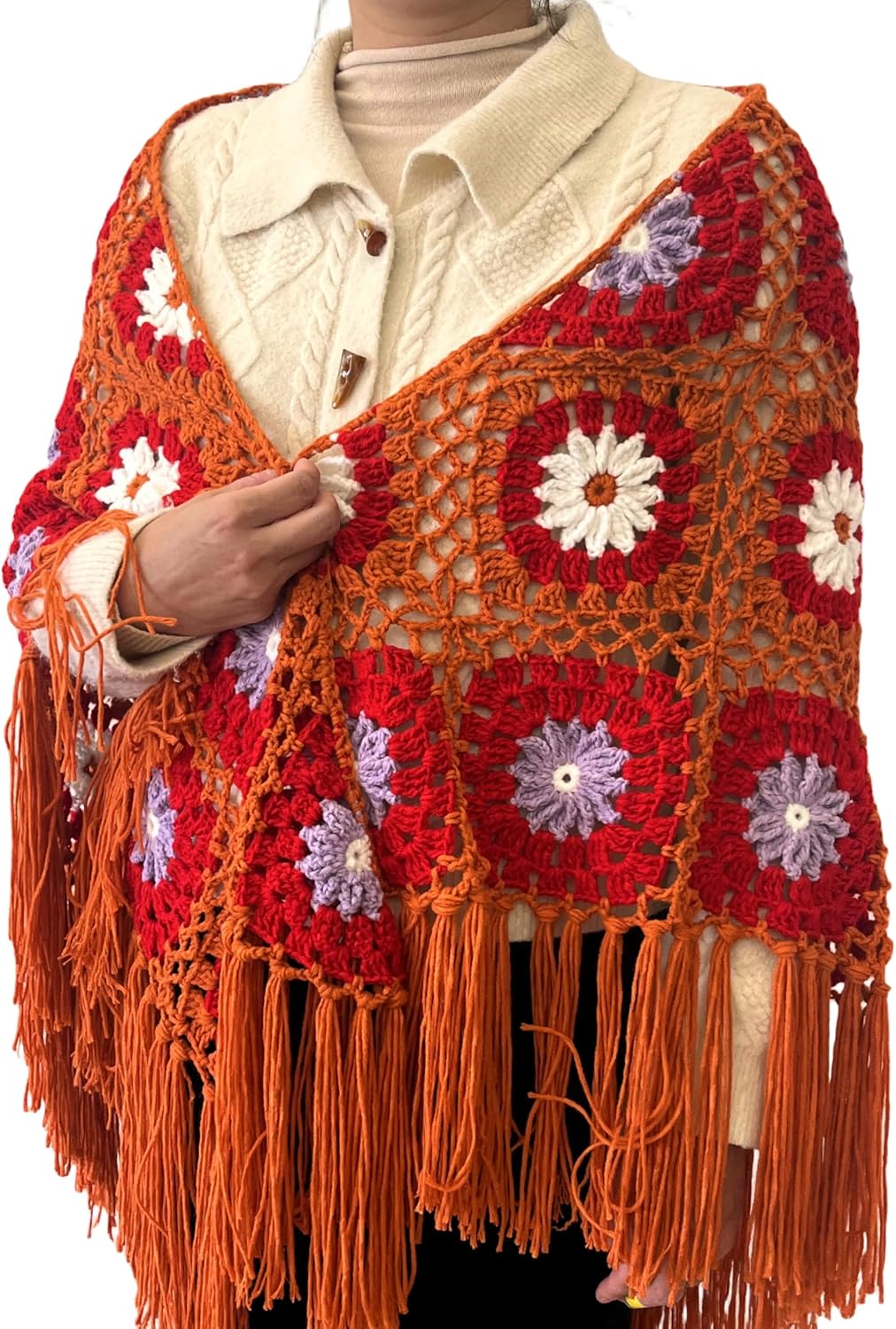 Handmade Crochet 70x34in Fringed Poncho Cape Shawls Wraps Granny Square Womens Coat Sweater