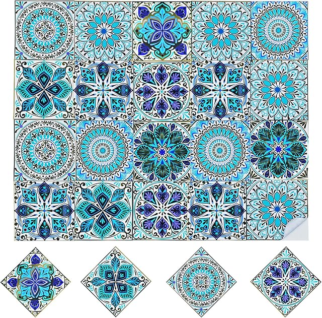 20 Pcs Tile Stickers 15cm(6") Kitchen Bathroom Tile Stickers Stick on Wall Peel and Stick Tile Decals Tiles Vinyl Tiles Self Adhesive Wall PVC Waterproof Oil Proof Moroccan Vintage Mosaic