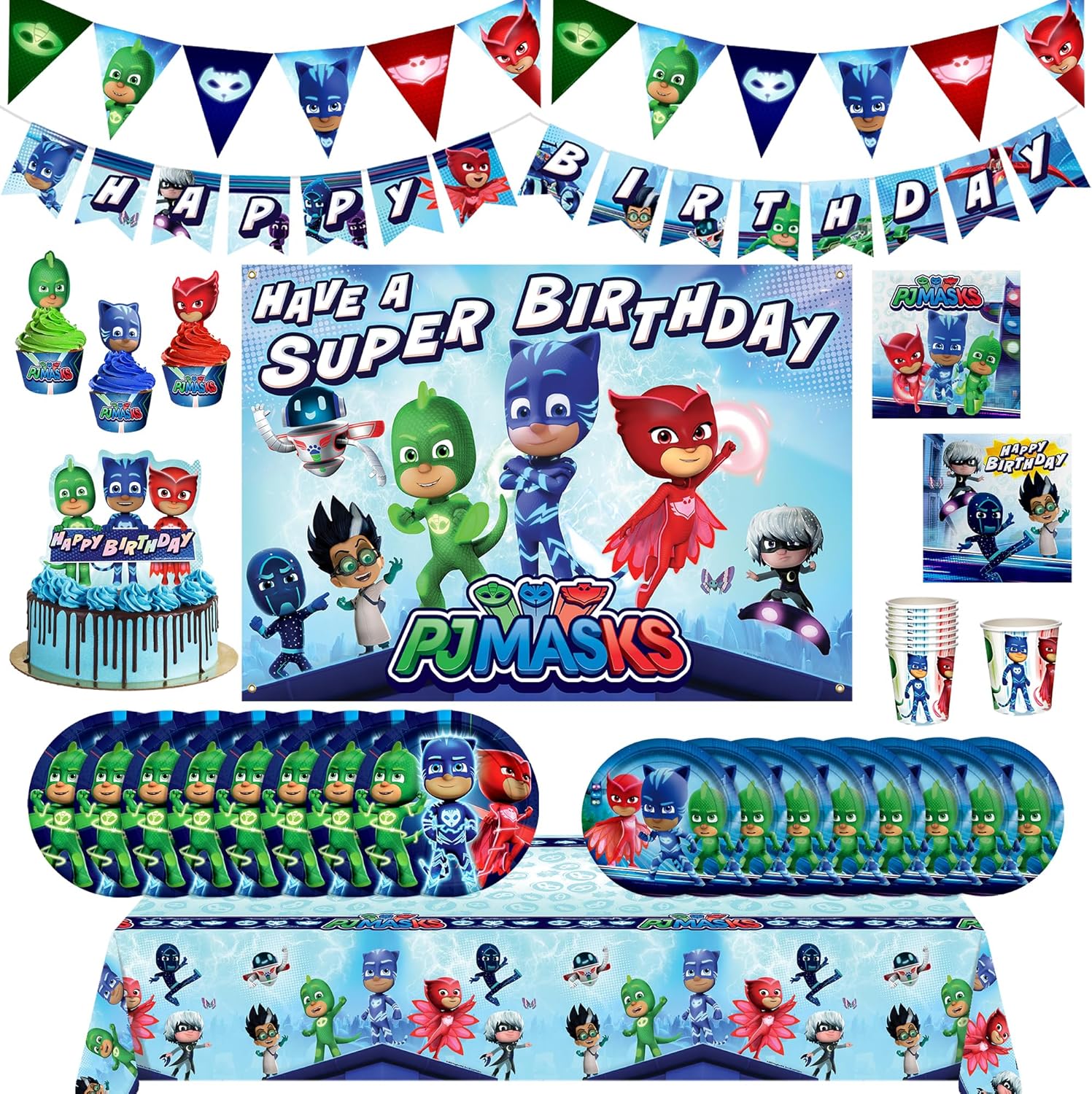 Treasures Gifted Officially Licensed PJ Masks Birthday Party Decorations - Serves 16 Guests Ultimate Set PJ Masks Party Supplies - Dinnerware, Banners, Cake Toppers, & Backdrop