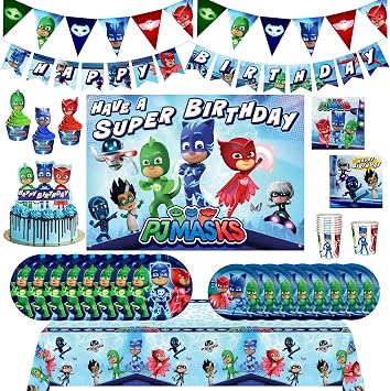 Treasures Gifted Officially Licensed PJ Masks Birthday Party Decorations - Serves 16 Guests Ultimate Set PJ Masks Party Supplies - Dinnerware, Banners, Cake Toppers, Backdrop