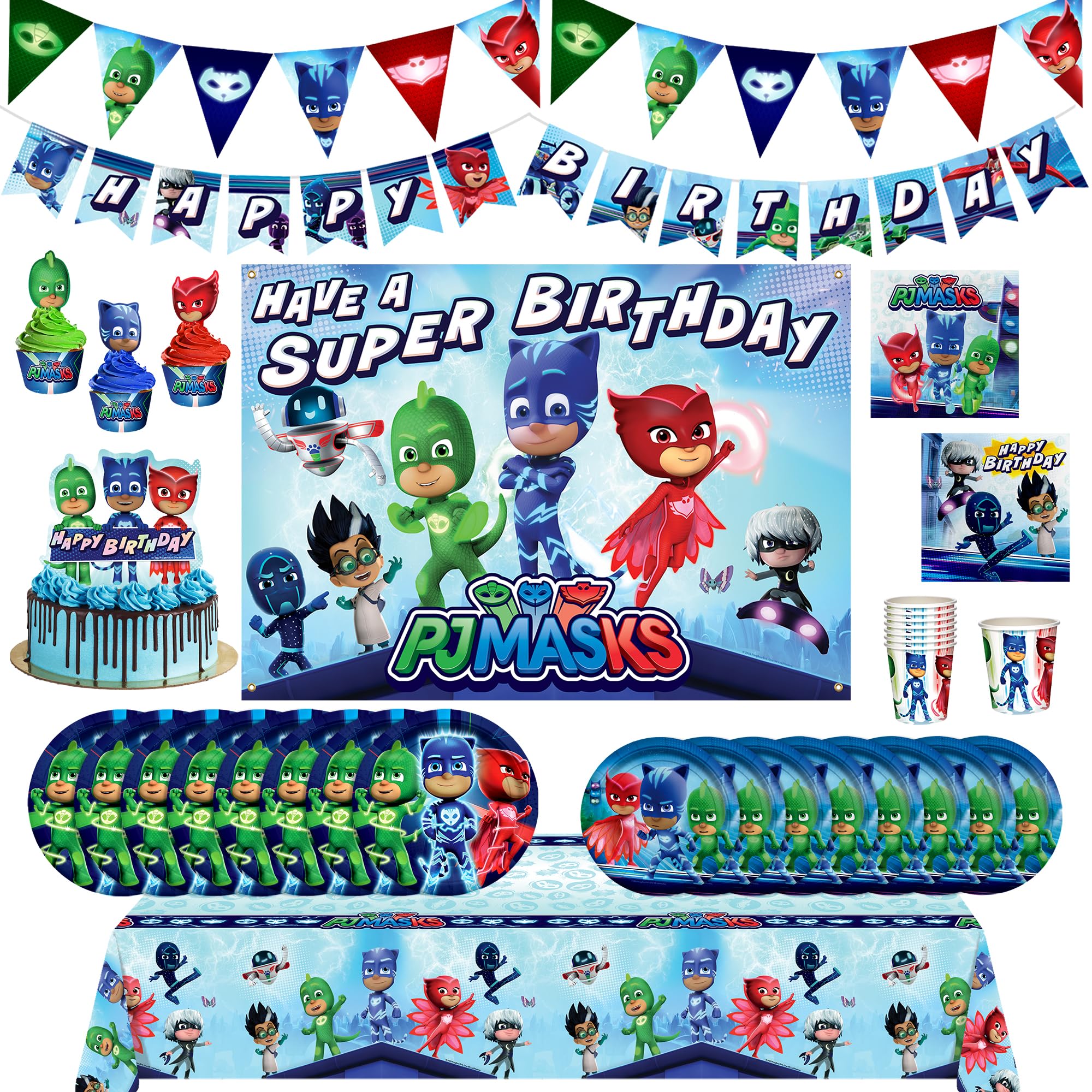 Treasures Gifted Officially Licensed PJ Masks Birthday Party Decorations - Serves 16 Guests Ultimate Set PJ Masks Party Supplies - Dinnerware, Banners