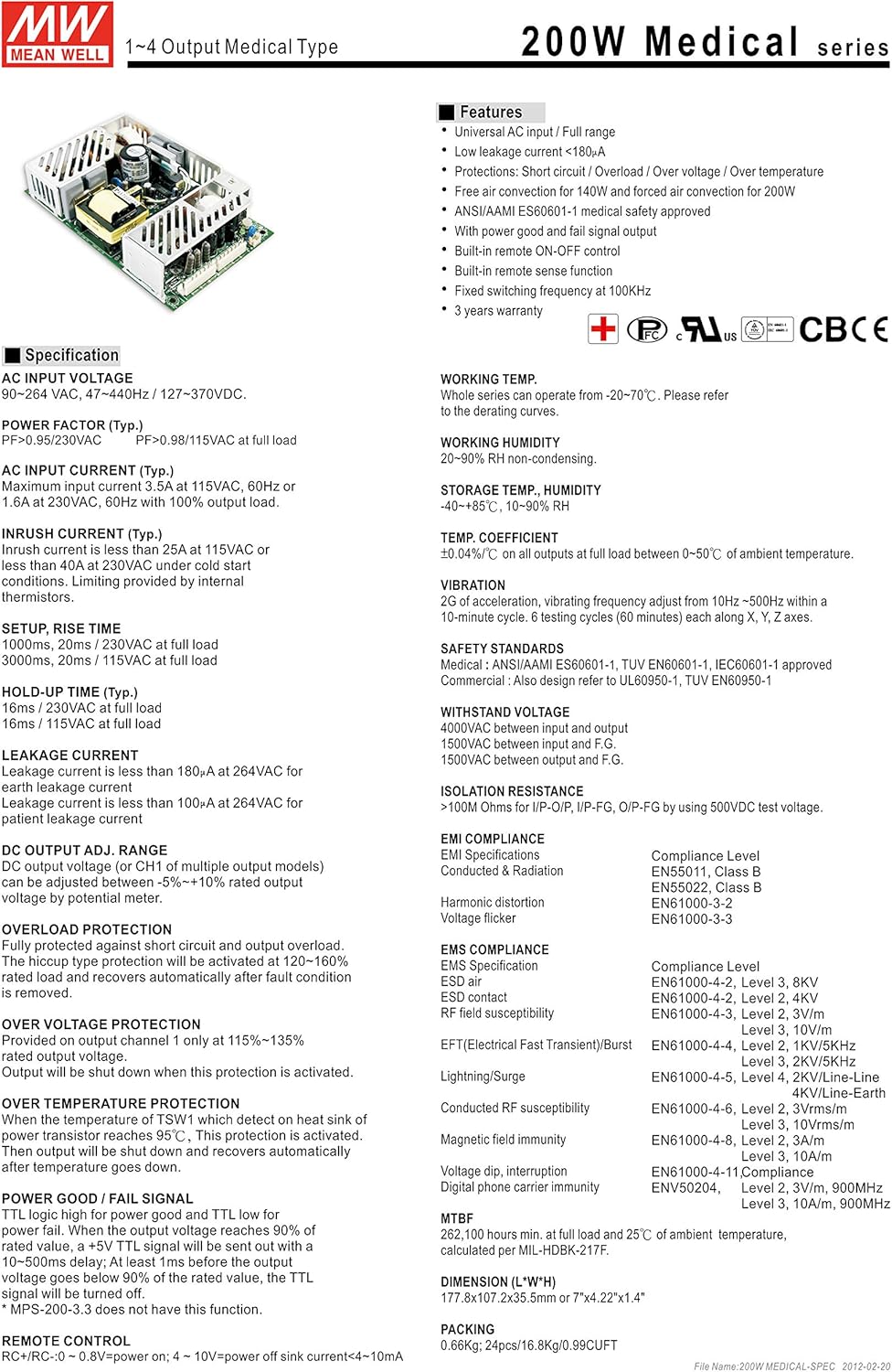 Mean Well Original MPQ-200B Quadruple Output Medical Type Power Supply +/-5V +/-12V 2A/7A/15A