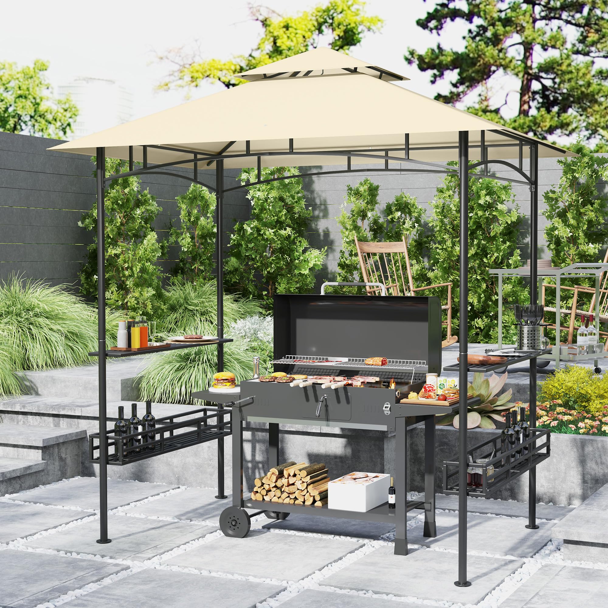 Outsunny Tonnelle de Barbecue Extérieur Abri 240x150x257cm Beige | Auvent de Réception Jardin, Crochet au Plafond, Étagères et PaniersLatéraux, Structure Métal Galvanisé