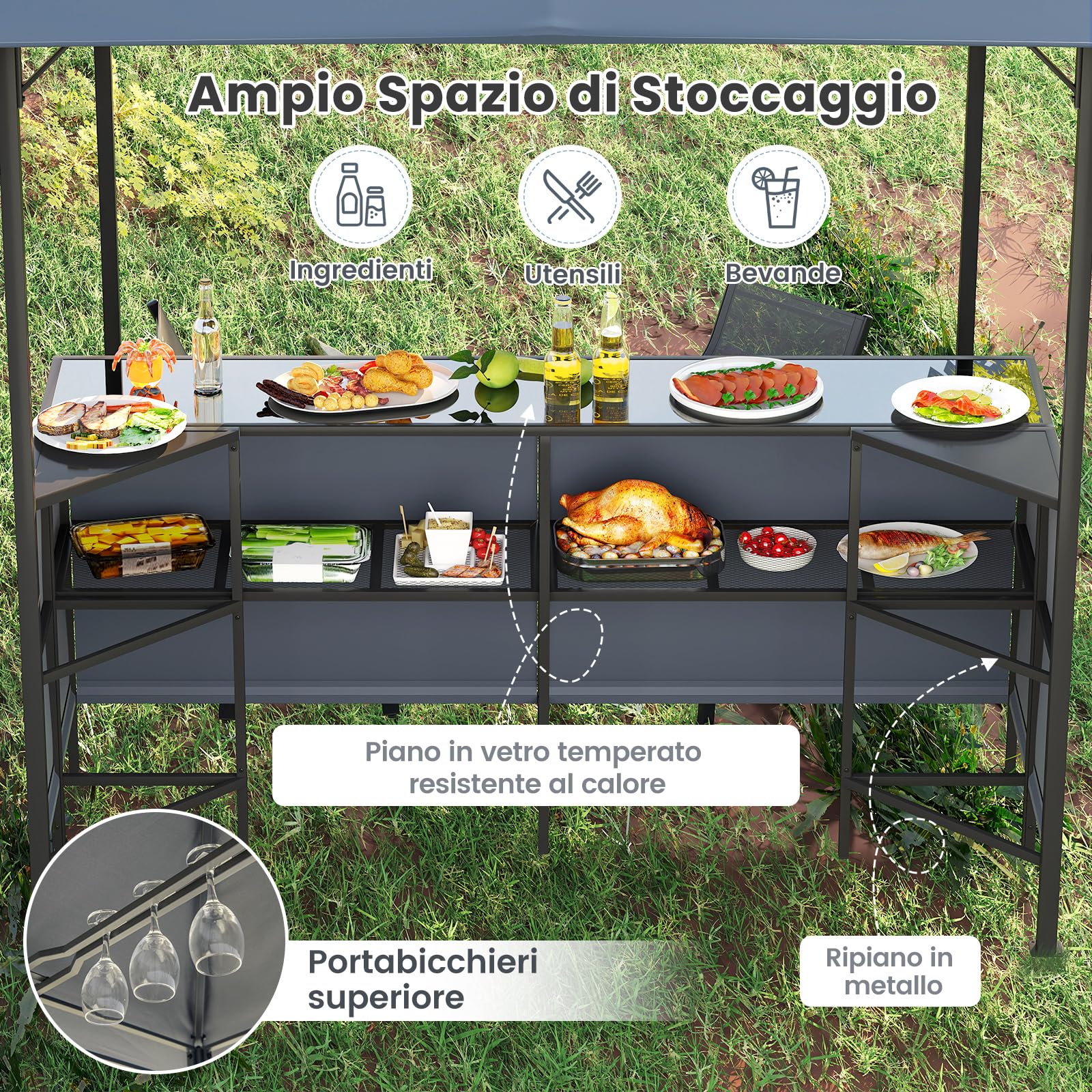 RELAX4LIFE Set di Mobili da Patio 3PZ, Pergola per BBQ a 2 Livelli, con 2 Sgabelli da Bar, Tavolo in Vetro Temperato, Mensola Portaoggetti, Portabicchieri, Gazebo per Grigliate per Feste Giardino