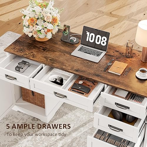 Vista 8 de Whalefall Escritorio de granja de 55 pulgadas para oficina en casa con cajones, escritorio ejecutivo para computadora de madera con archivador