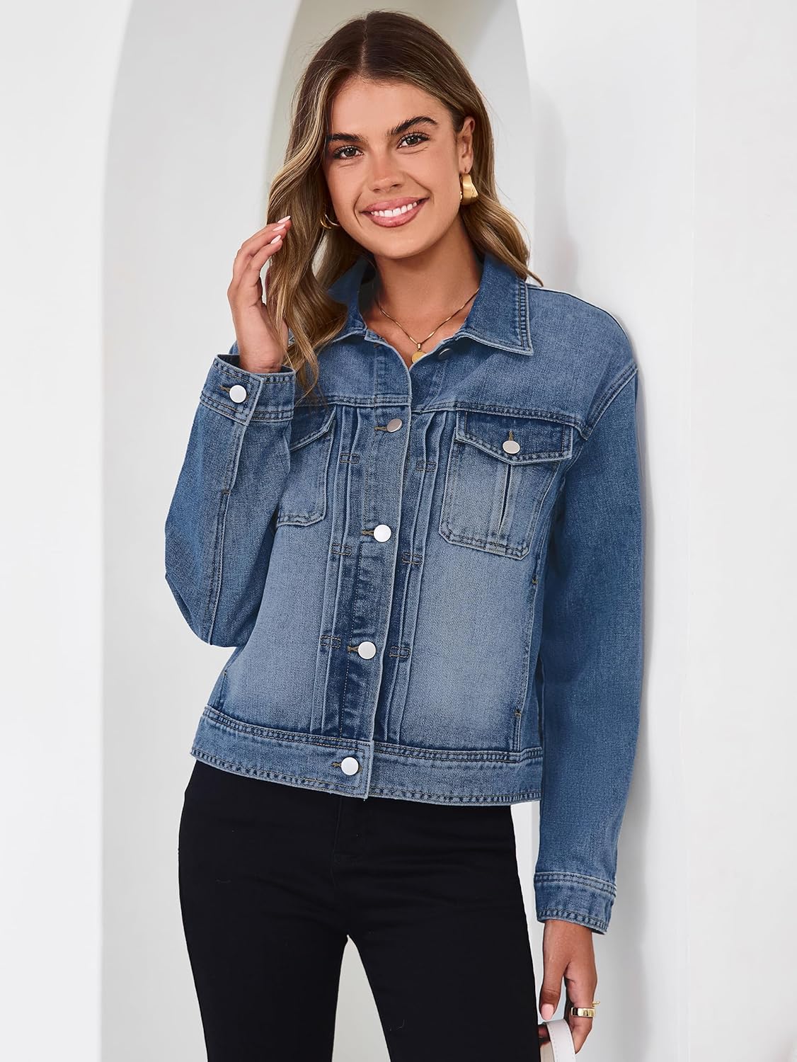 Glamaker Womens Jean Jacket 2026 Casual Basic Trendy Button Down Long Sleeve denim Jacket Coat With Pockets - Image 3