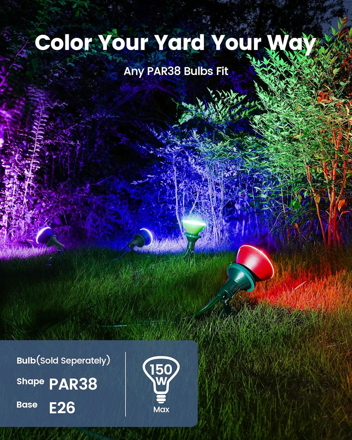 SURAIELEC 4-Socket Flood Light Holder, Outdoor Spotlight with Evenly Spaced 4 Sockets (NOT 4 Individual Lights), Waterproof Stake Light for Yard, Holiday Decoration, Fit PAR38 Bulbs, 24 FT, ETL Listed