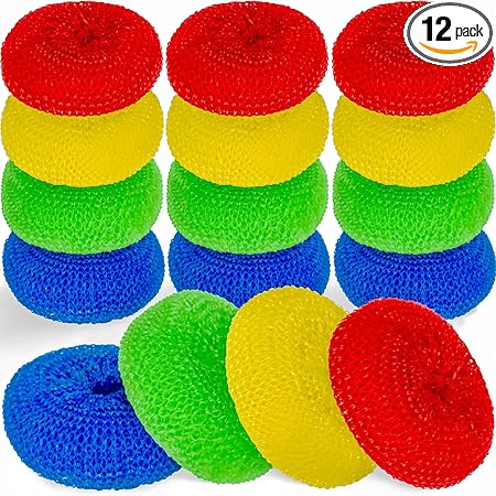 DecorRack 12 Mesh Scourers, Premium Non-Scratch Plastic Scourers, Stain Removing Cleaning Scrubber, for Kitchen Garage Bathroom (Pack of 12)