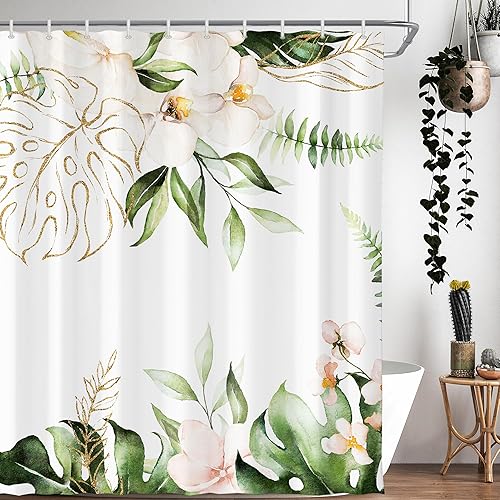 Cortina de ducha floral de hojas de palmera de eucalipto tropical para baño, 60 pulgadas de ancho x 72 pulgadas de alto, color verde botánico,