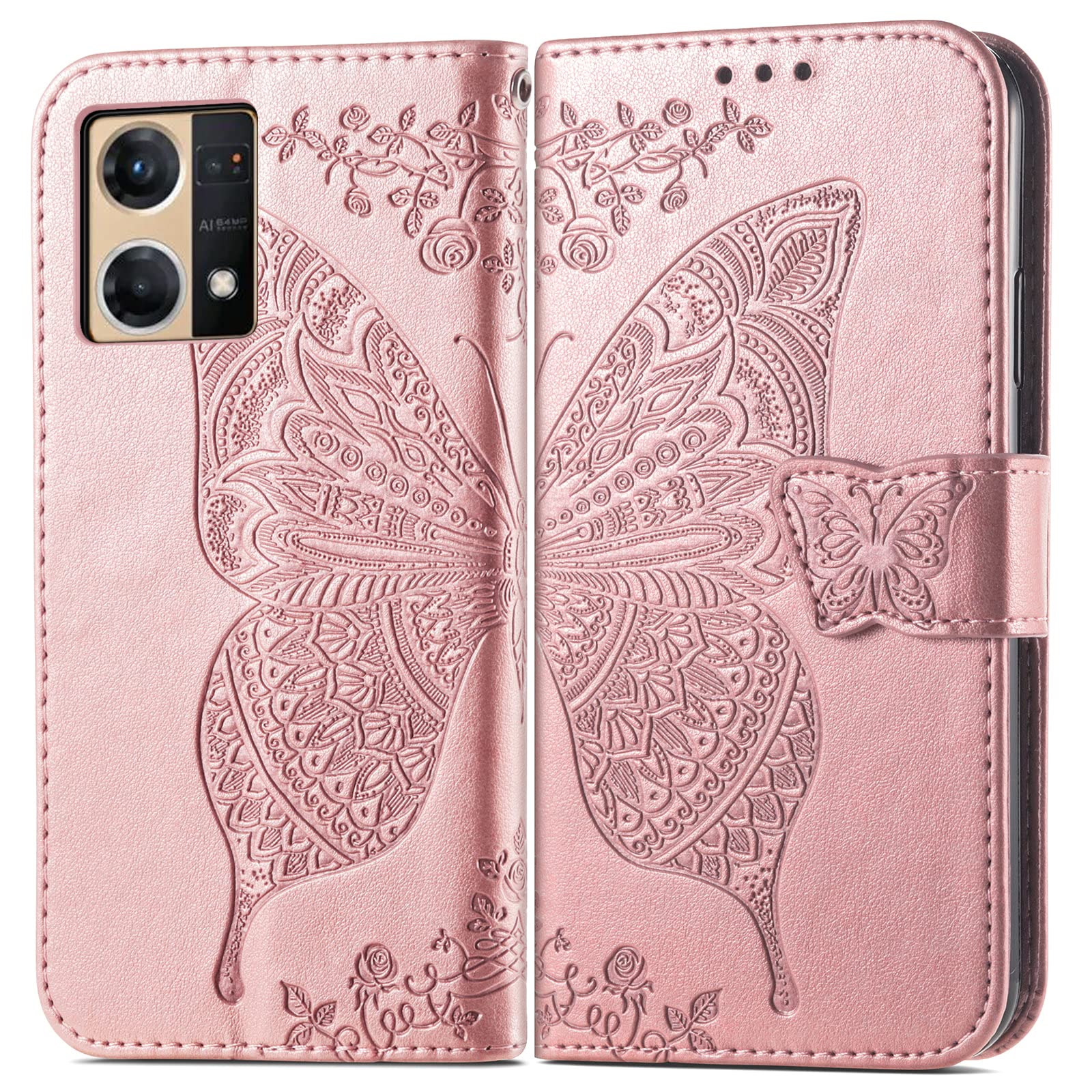 JIUNINE Cover per OPPO Reno 7 4G, Custodia Libro in Pelle Portafoglio Case Flip Antiurto con Disegni di Farfalla [Porta Carte] [Magnetica] [Interno TPU] per OPPO Reno 7 4G, Oro rosa