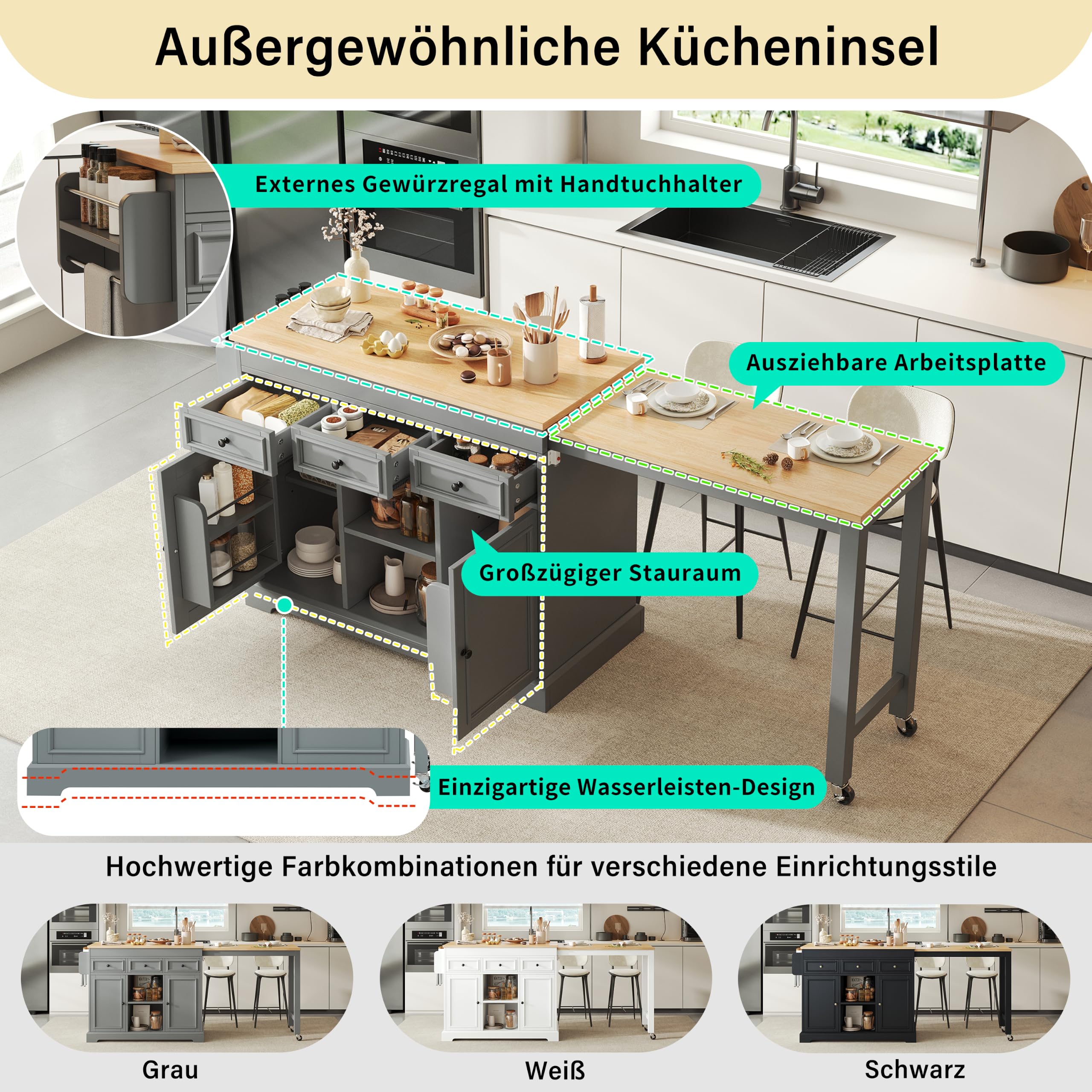 Isola da cucina su ruote, per sala da pranzo estensibile, isola da cucina con portaspezie e cassetti, isola mobile autoportante, ideale per cucina e sala da pranzo (grigio)