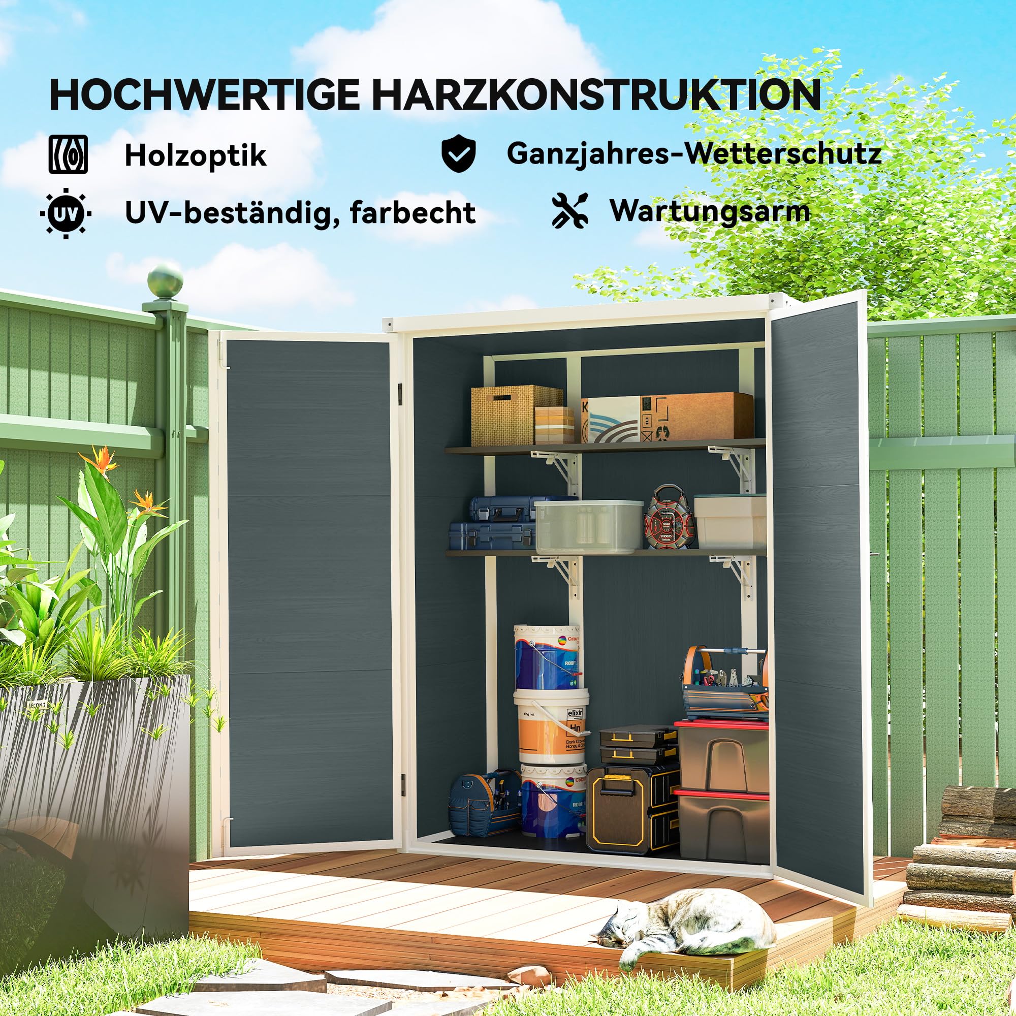 Outsunny Gerätehaus 0,8m² mit Klappbaren Regalen 134 x 68,5 x 170 cm | Kunststoff Gartenschuppen, Schnellmontage, Doppeltür, Boden, Schloss, Handschuhe, Geräteschuppen für Werkzeuge