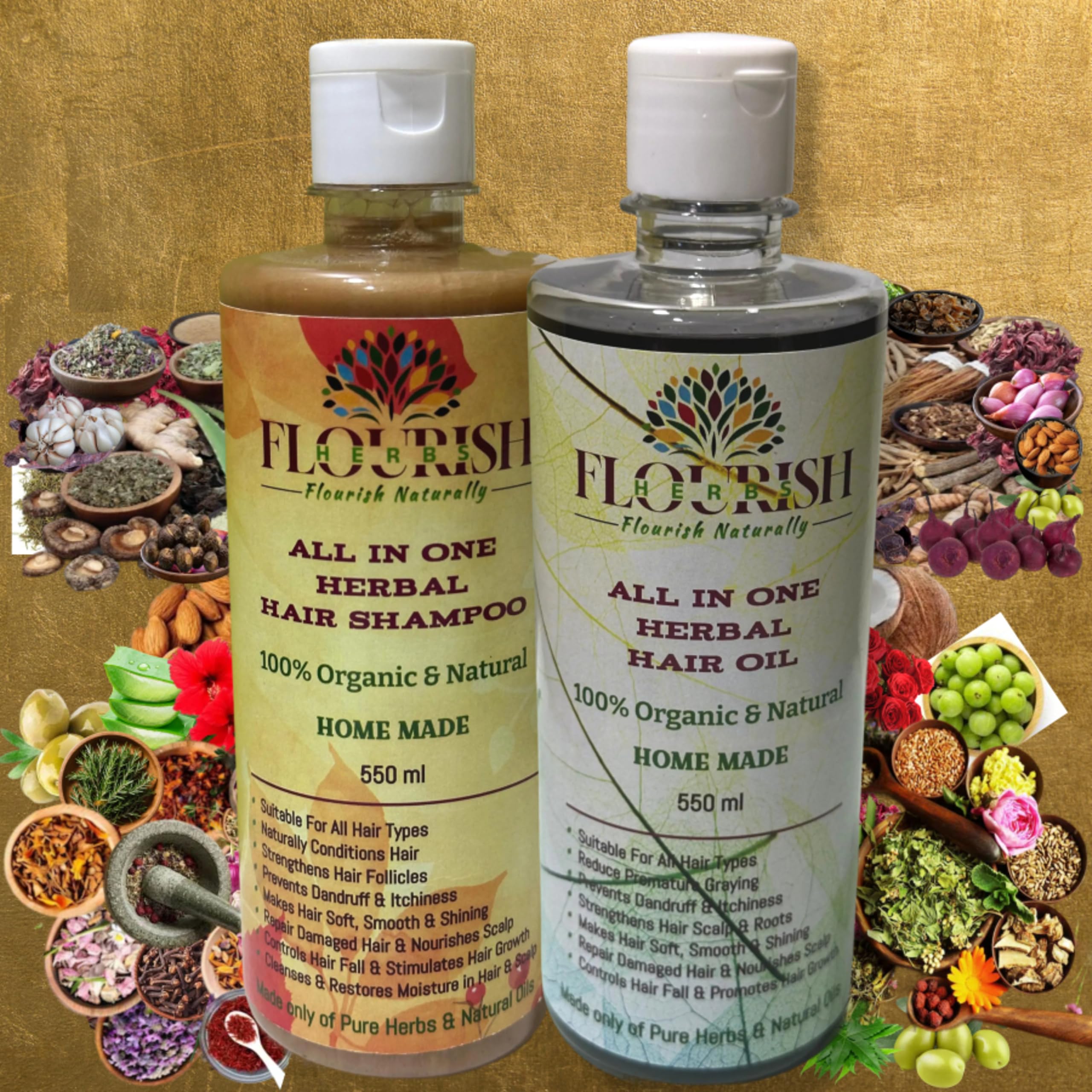 FLOURISH HERBS Combo All-in-One Herbal Hair Shampoo & Oil, 550ML (Pack of 2), 100% Organic, Natural, Chemical Free, Homemade, For All Ages and Hair Types, Daily Use. Benefits: ⁠Naturally Conditions & ⁠Strengthens hair Follicles, Cleanses & Restores Moisture in hair & Scalp, ⁠Repair Damaged hair & Nourishes Scalp, Prevents Dandruff & Itchiness⁠⁠, Controls hair Fall & Stimulates hair Growth, ⁠Reduce Premature Graying, Strengthens Hair Scalp & Roots, Makes hair Soft, Smooth & Shining.-image-13