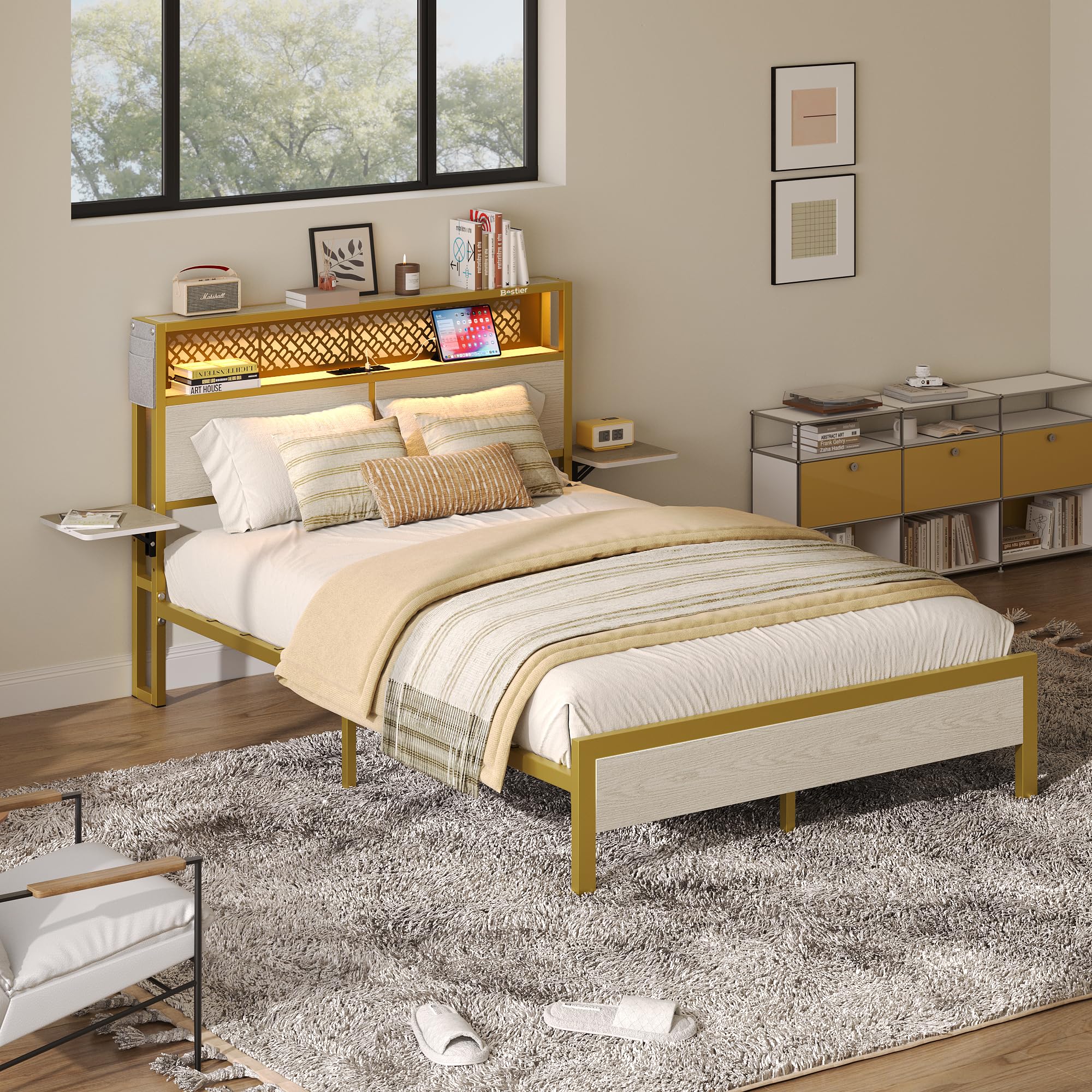 Bestier Full Size Bed Frame with Headboard and Foldable Bedside Shelves Storage, LED Platform Bed Frame with Charging Station, Non Slip Metal Bed Frame, Noise Free, Easy Assembly, White Oak