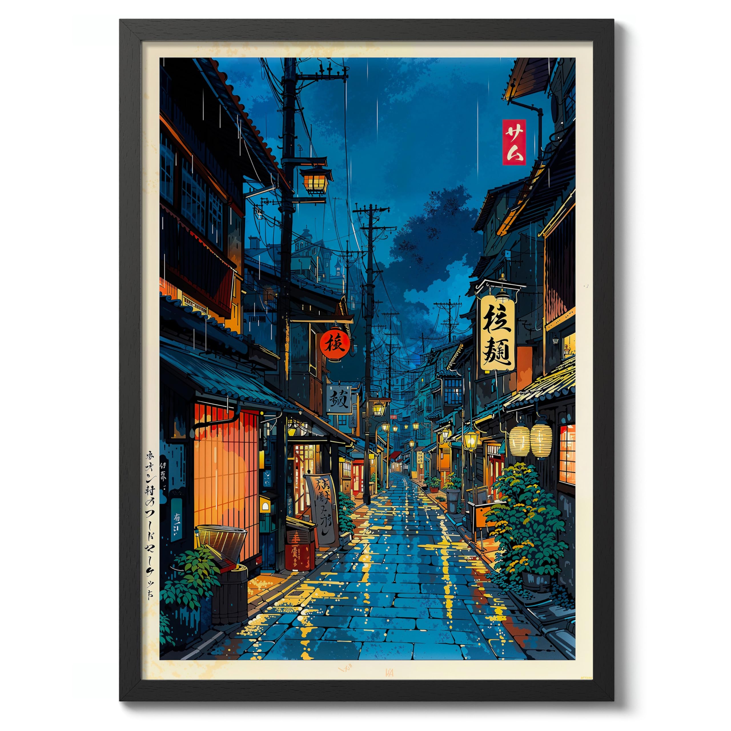 Tokyo Tea House Anime Woodblock Poster Modern Ukiyo-E, Japanese Cartoon Illustration Print, Archival Matte, 50x70cm (Black Frame) - 50x70cm