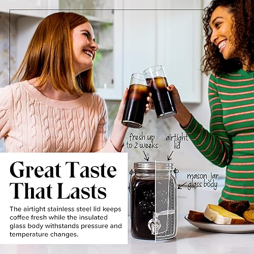 Miniatura 5 de Willow & Everett Jarra de café frío y té helado, dispensador de vidrio de 2 L con espita de metal y filtro de malla para café helado y sistema de